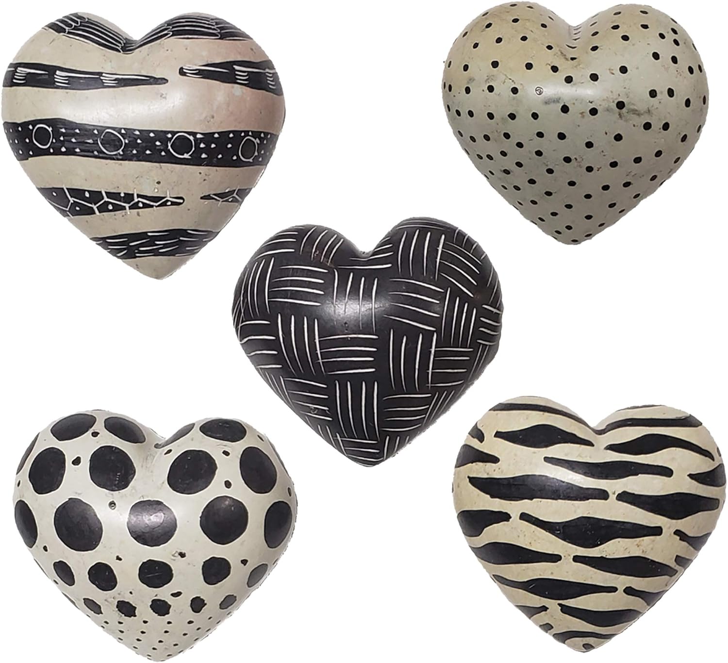Love You My Friend Precious Hearts Hand Carved and Designs Etched by African Artisan. Valentine Mothers Day Bowl Vase Filler Set of 5 (Small, Black & White)