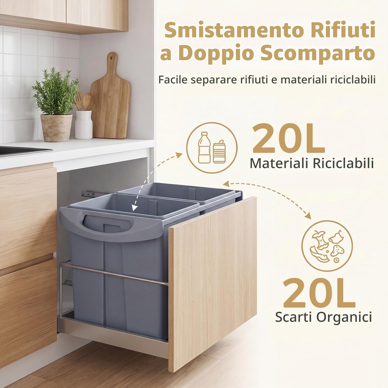 LIFEZEAL Pattumiera Estraibile Sottolavello 2 x 20L, Cestino Raccolta con 2 Secchi Rimovibili, Guide Telescopiche, Manico e Coperchio in ABS, Bidone per Rifiuti 50,5 x 33,5 x 41 cm, Grigio