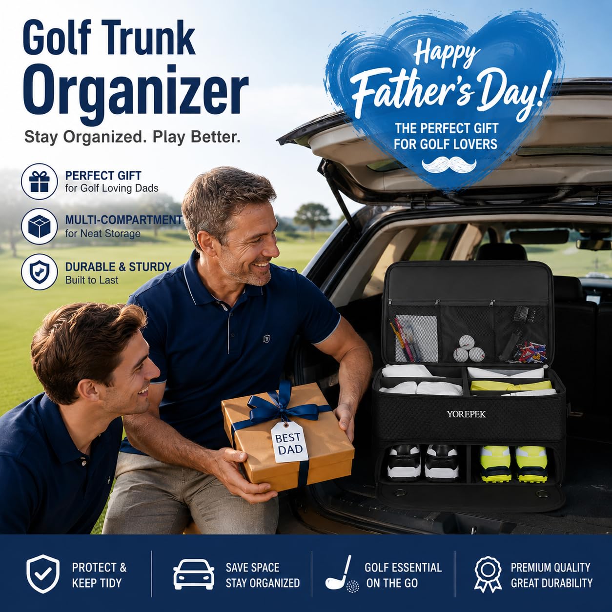 2-lagiger Golfkoffer-Organizer, wasserdichter Auto-Golf-Schließfach mit separatem, belüftetem Fach für 2 Paar Schuhe, langlebige Golfkoffer-Aufbewahrung für Bälle, Tees, Kleidung, Handschuhe, Zubehör