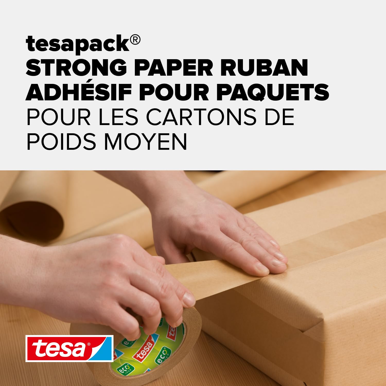 tesapack STRONG PAPER - Ruban d’emballage en papier - 92 % de matériaux renouvelables - Déchirable à la main - Ruban d’emballage colis de taille moyenne - Marron - 6 rouleaux de 50 m x 50 mm chacun
