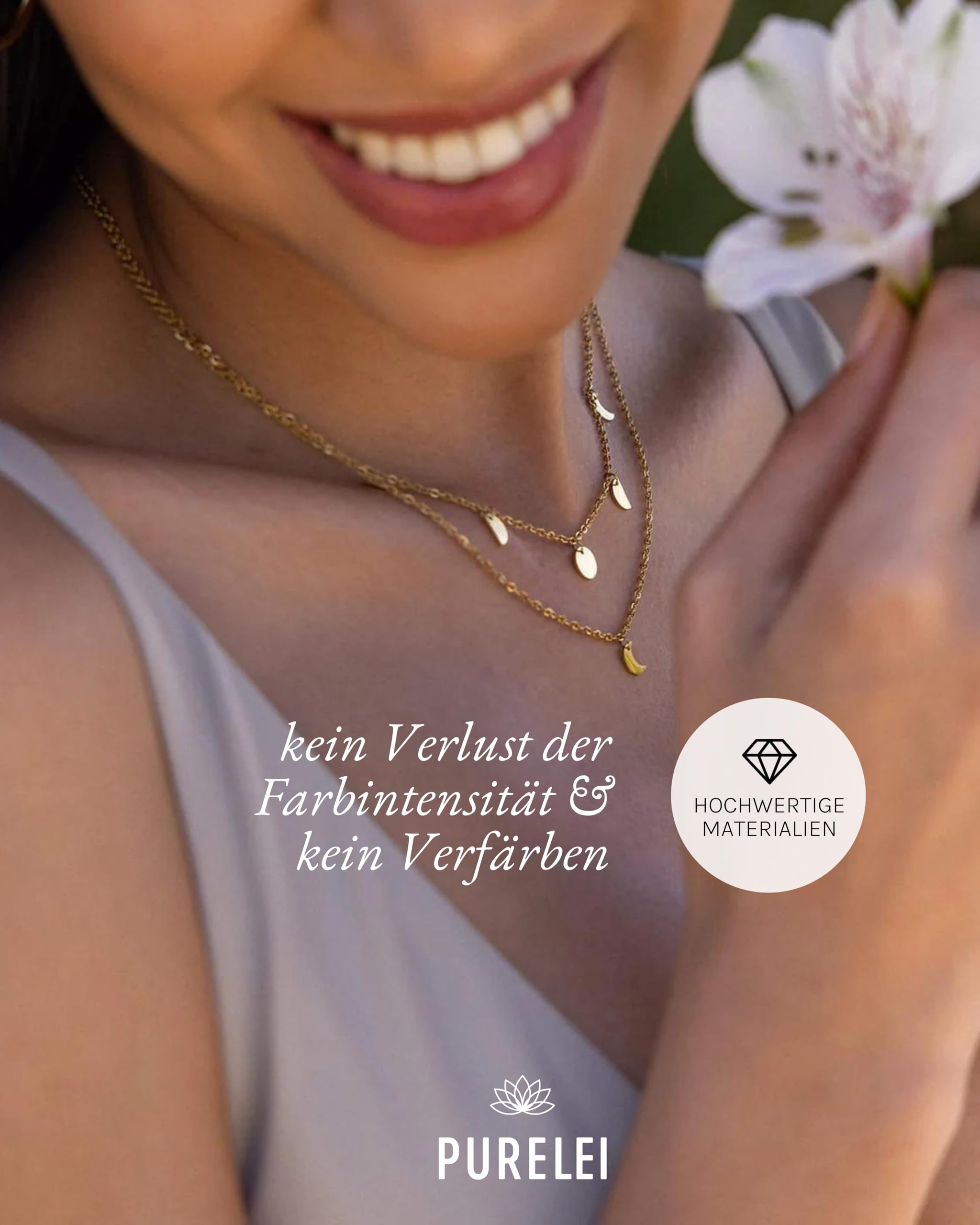 Purelei Luna Kette Damen – Halskette Damen aus langlebigem Edelstahl – Wasserfeste Kette mit Anhänger – 40-45 cm Länge verstellbar – Halskette für deinen individuellen Look