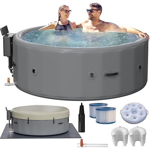 4-6 Person Inflatable Hot Tub - Portable Outdoor Spa with 160 Soothing Air Jets, 77"x28" Round Portable Hot Tub with Cover and Heater Pump
