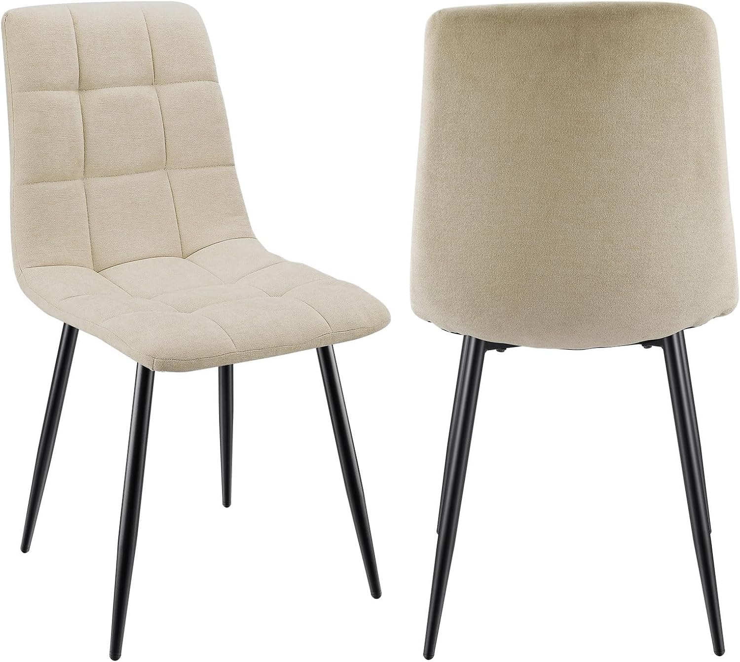 Pack de 2 Sillas de Comedor, Sillas Tapizadas con Tela de Lino y Patas de Metal Negro, Diseño a Cuadros, Sillas de Comedor para Comedor Sala de Estar Dormitorio Cocina Salón Recepción, Beige