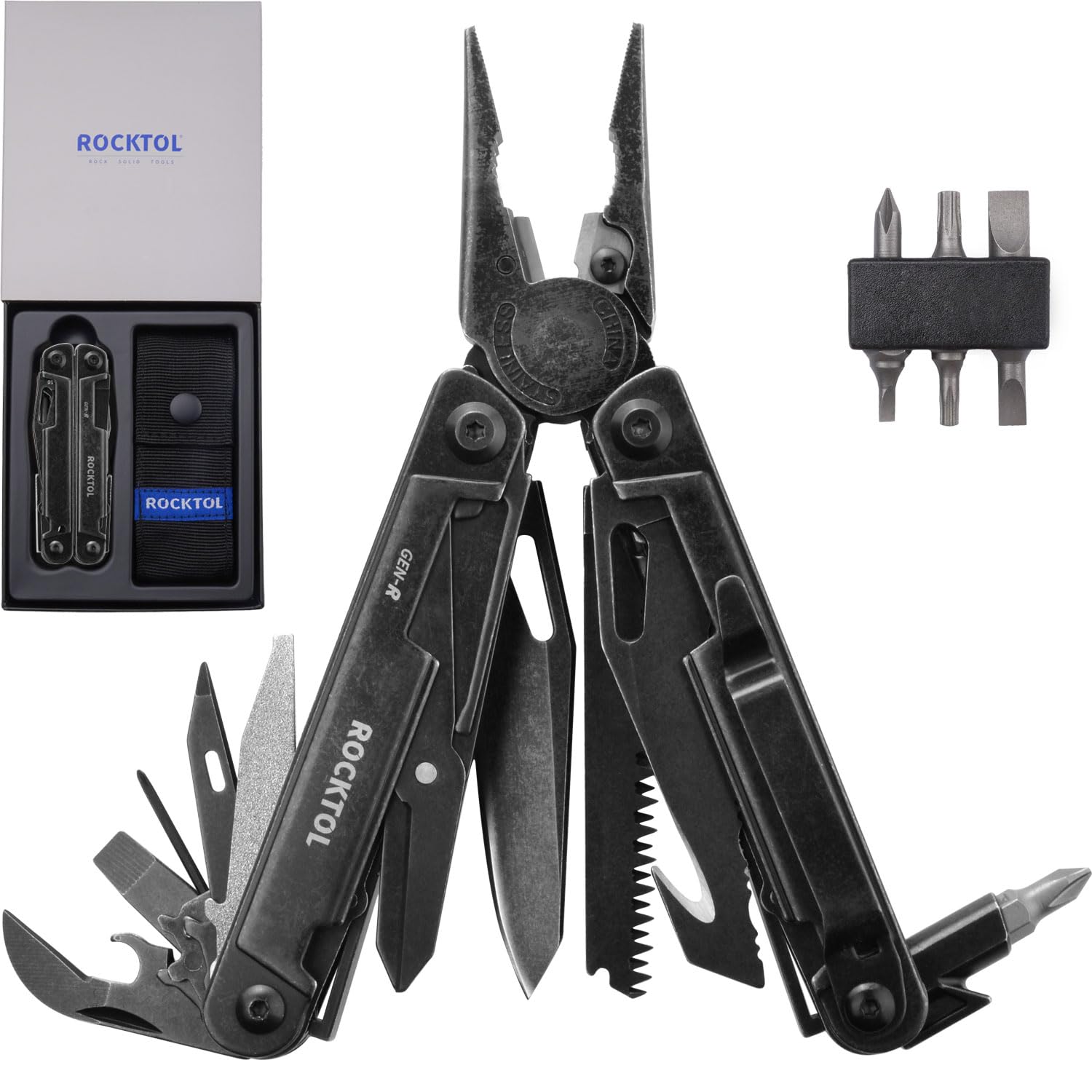 Gen-R RB Multitool Pliers, VG10 Blade, 27-in-1 Multi-tool, EDC Pocket Knife, Retro Black Finish, Precision Screwdriver, Gut Hook for Hunting, Backpacking, Hiking, Camping