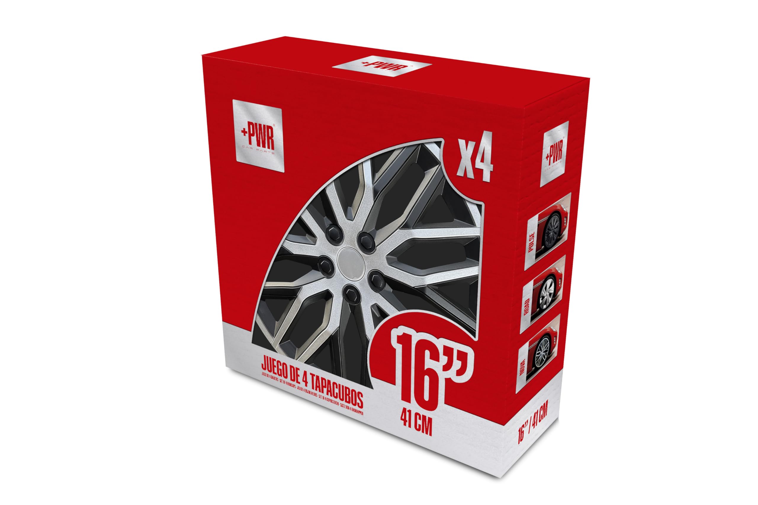 Copricerchi 16" Nova Nero/Argento, Set di 4 unità, Universali, ABS ad alto impatto, Fissaggio a pressione, Design moderno e ventilazione ottimizzata