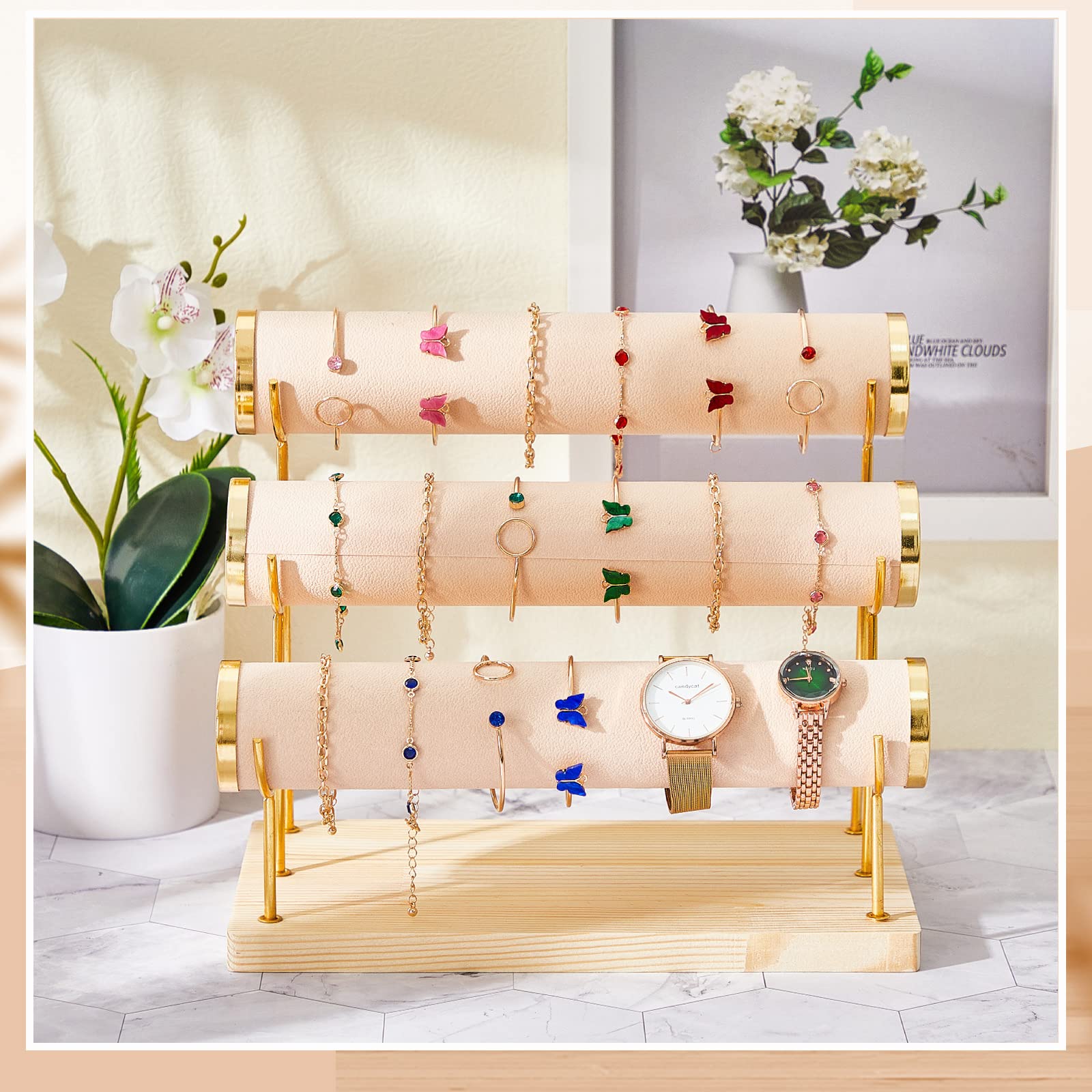 2 Pcs 3 Tiers Detachable Bracelet Holder Velvet Bracelet Stand Bracelet Organizer with Wooden Tray Bracelet Rack Jewelry Display Stand for Wrist Watch Bangle Storage Organization