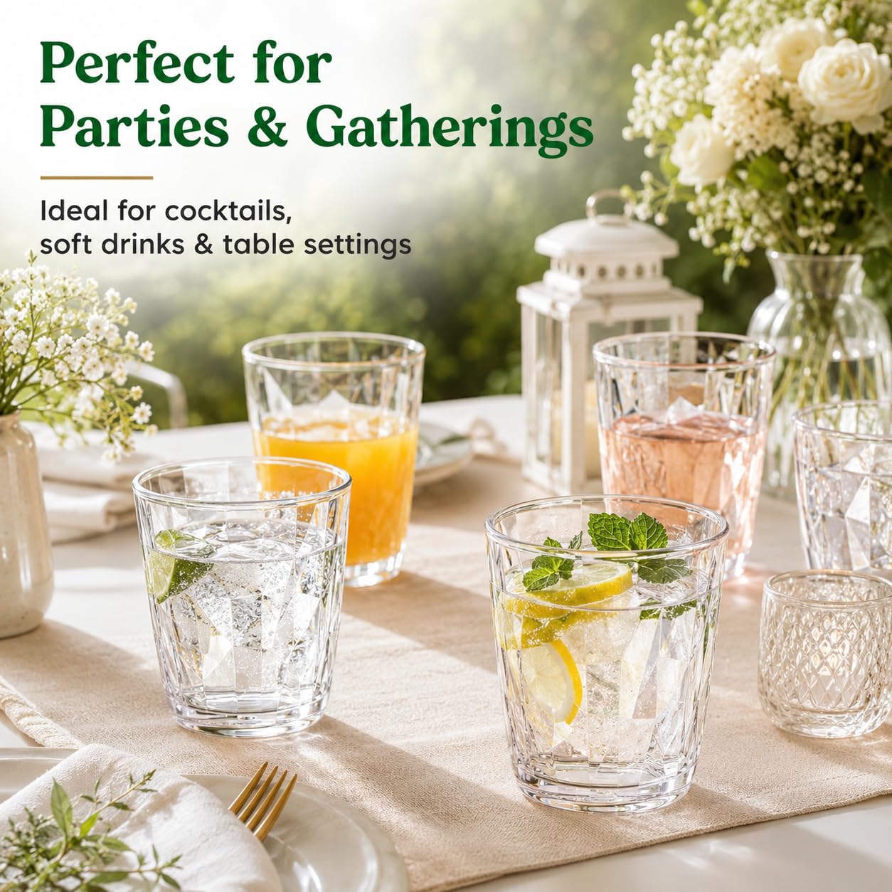 Lot de 12 gobelets en plastique transparent de 300 ml, réutilisables avec motif diamant, gobelets légers pour fête, pique-nique, camping, jardin, jus et boissons froides