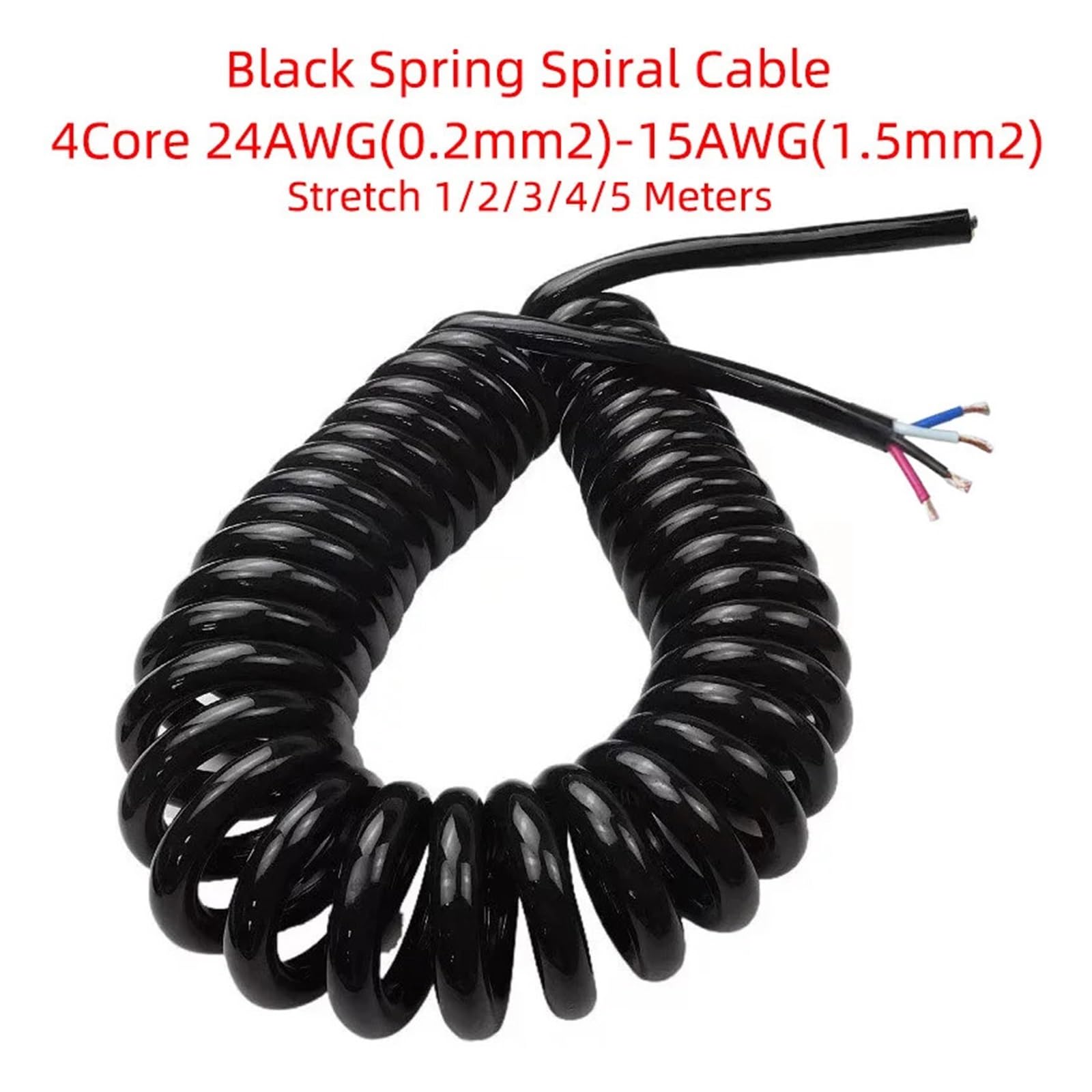 Câble spiralé à ressort noir à 4 conducteurs, câble télescopique 22/20/18/17/15/13 AWG, fil de 0,3 mm² à 2,5 mm², extensible de 1 à 5 mètres, câble rétractable extensible(Stretch 5Meters,4C 20AWG 0.5m