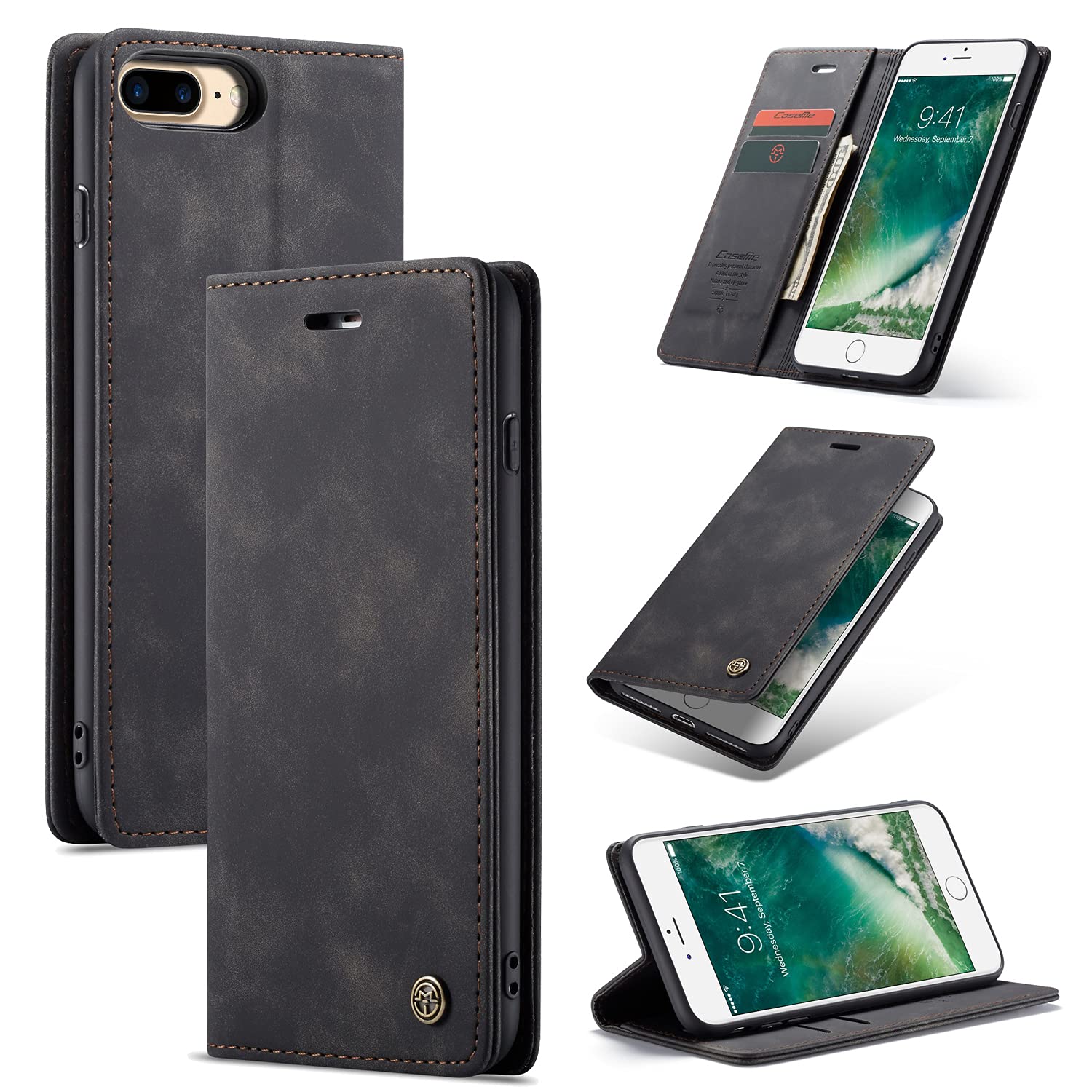 UEEBAI Wallet Case for iPhone 6 Plus iPhone 6S Plus, Premium PU Leather Case Vintage Matte Wallet Flip Cover [Card Slots] [Magnetic Closure] Stand Function Folio Shockproof Full Protection - Black