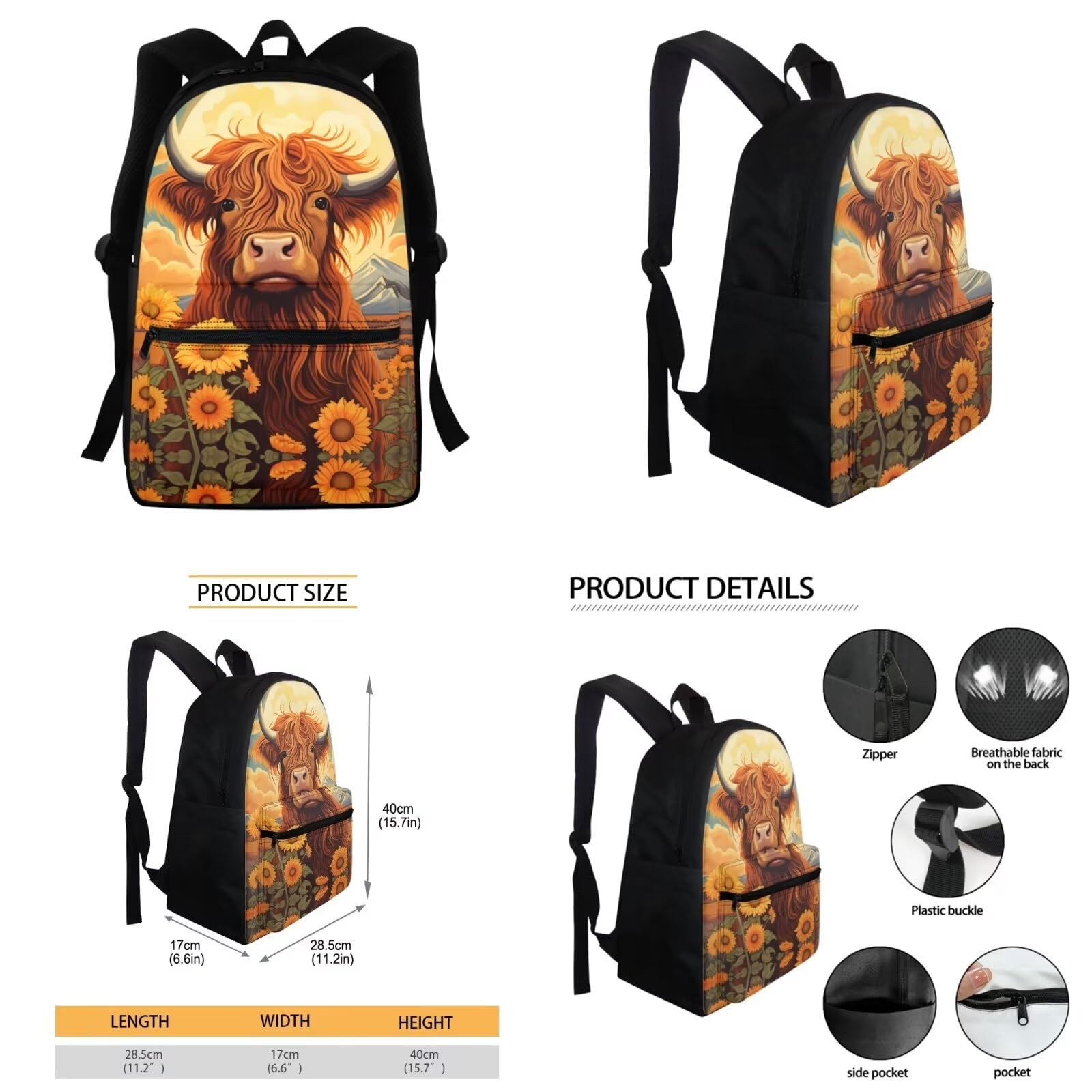 HELLHERO Highland Cow Backpack Purse for Girls with Lunch Box 4-6 6-8 10-12 Teen Girls School Bag Kids Schoolbag Pencil Case Elementary Bookbag Water Bottle Sleeve Kindergarten Preschool