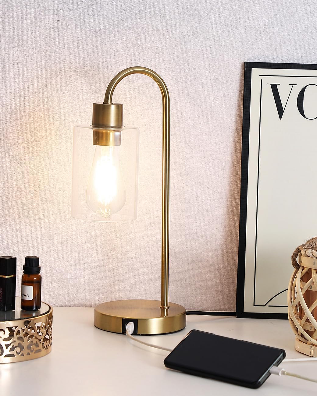 Bedside Lamps Set of 2, Gold Touch Table Lamp with USB C+A Ports, 3 Way Dimmable Bedroom Lamps with Glass Shade, Brass Nightstand Lamp for Bedroom Living Room, 2 LED Bulbs Included