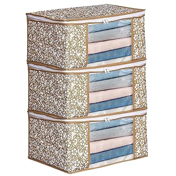 Ai Ankit International Non-Woven Saree Covers With Zip | Set Of 3 Clothes Cover Bags - Storage Organizer For Saree | Shirts | Salwar Suit | Lehenga - Dress Organizer For Wardrobe, 22 Cm, Beige, 32 Cm