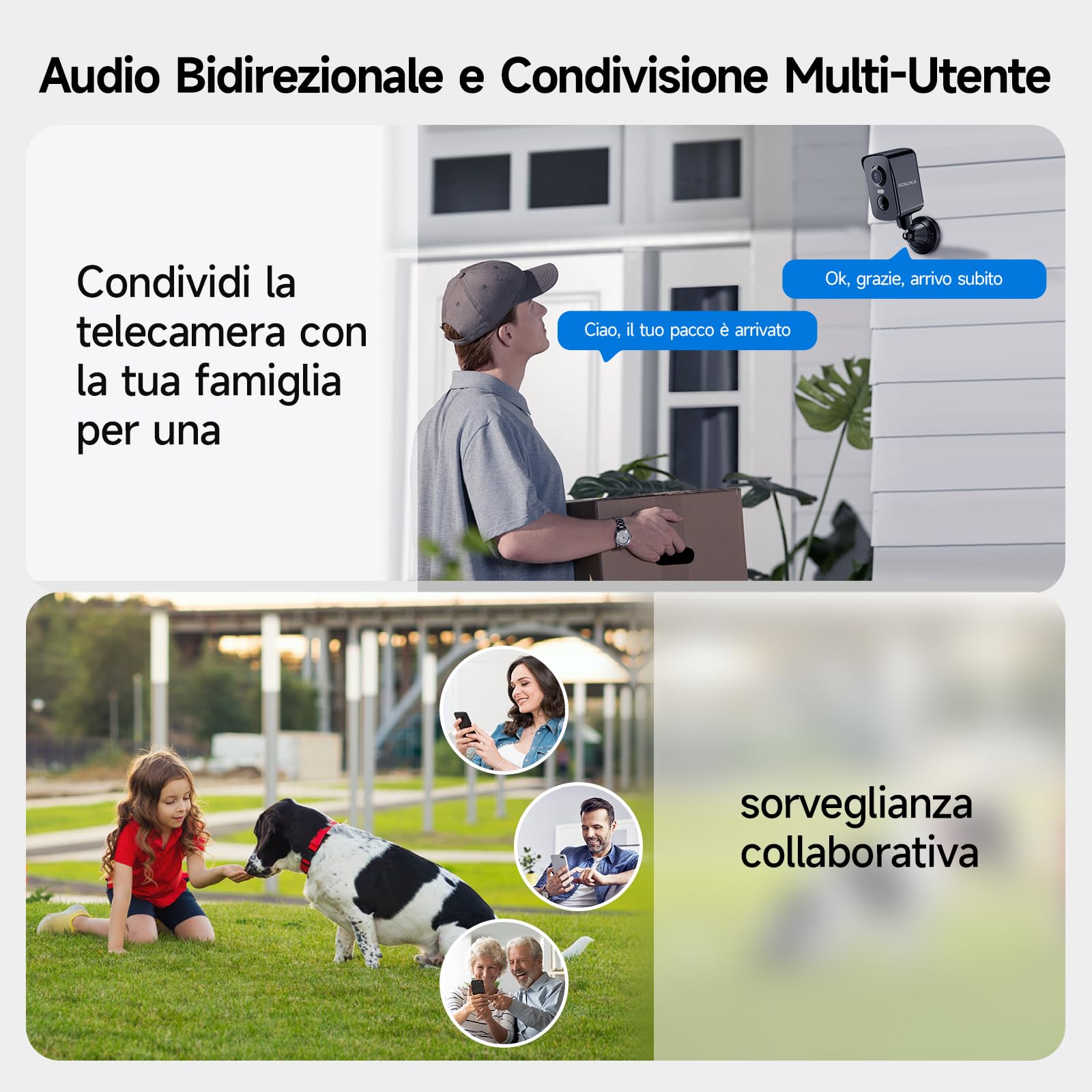 Telecamera WiFi Interno/Esterno, Videocamera Sorveglianza 2K 3MP Senza Fili Batteria Ricaricabile, Rotazione 300°, Rilevamento Umano PIR, Visione Notturna a Colori, Impermeabile IP65-Black