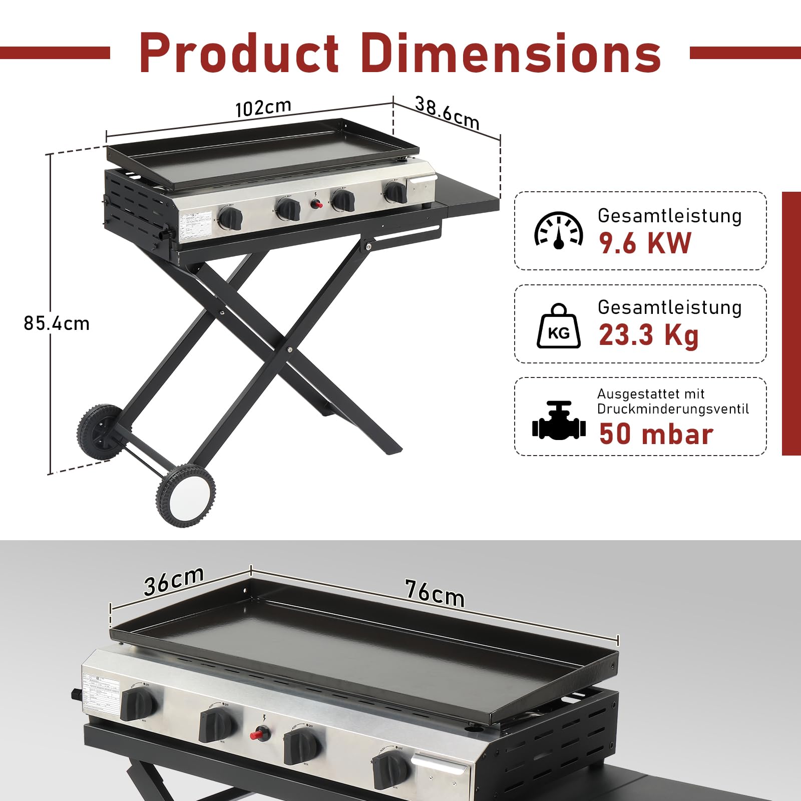 LEADZM Gasgrill Tragbarer 4 Brenner 9.6 kW Grill klappbar, Ausgestattet mit einem Druckminderungsventil - leicht zu verstauen