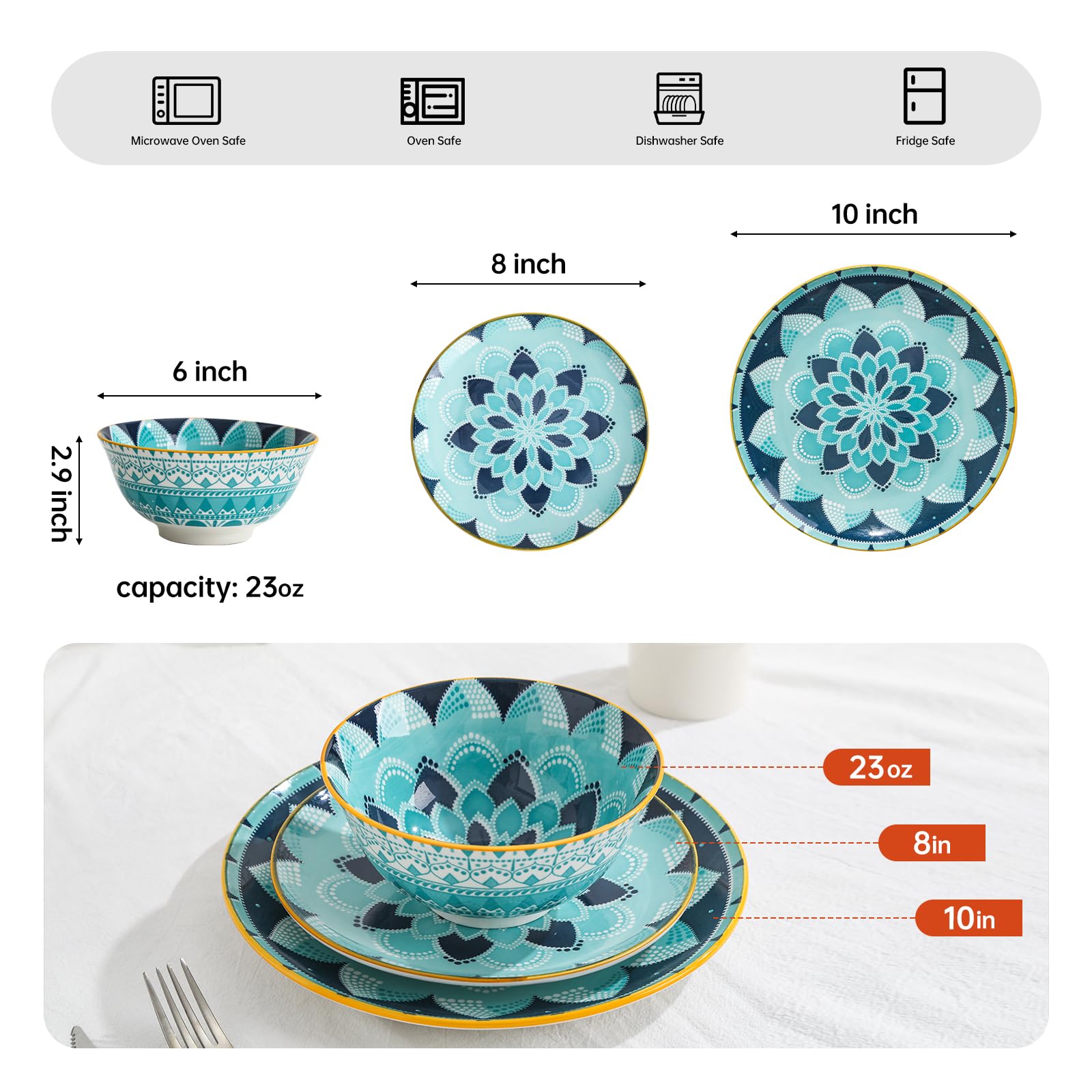 Set di stoviglie con piatti e ciotole, 12 pezzi, in ceramica, set di piatti da cucina moderno, set di stoviglie decorative colorate, ideale per l'inaugurazione della casa, lavabile in microonde,