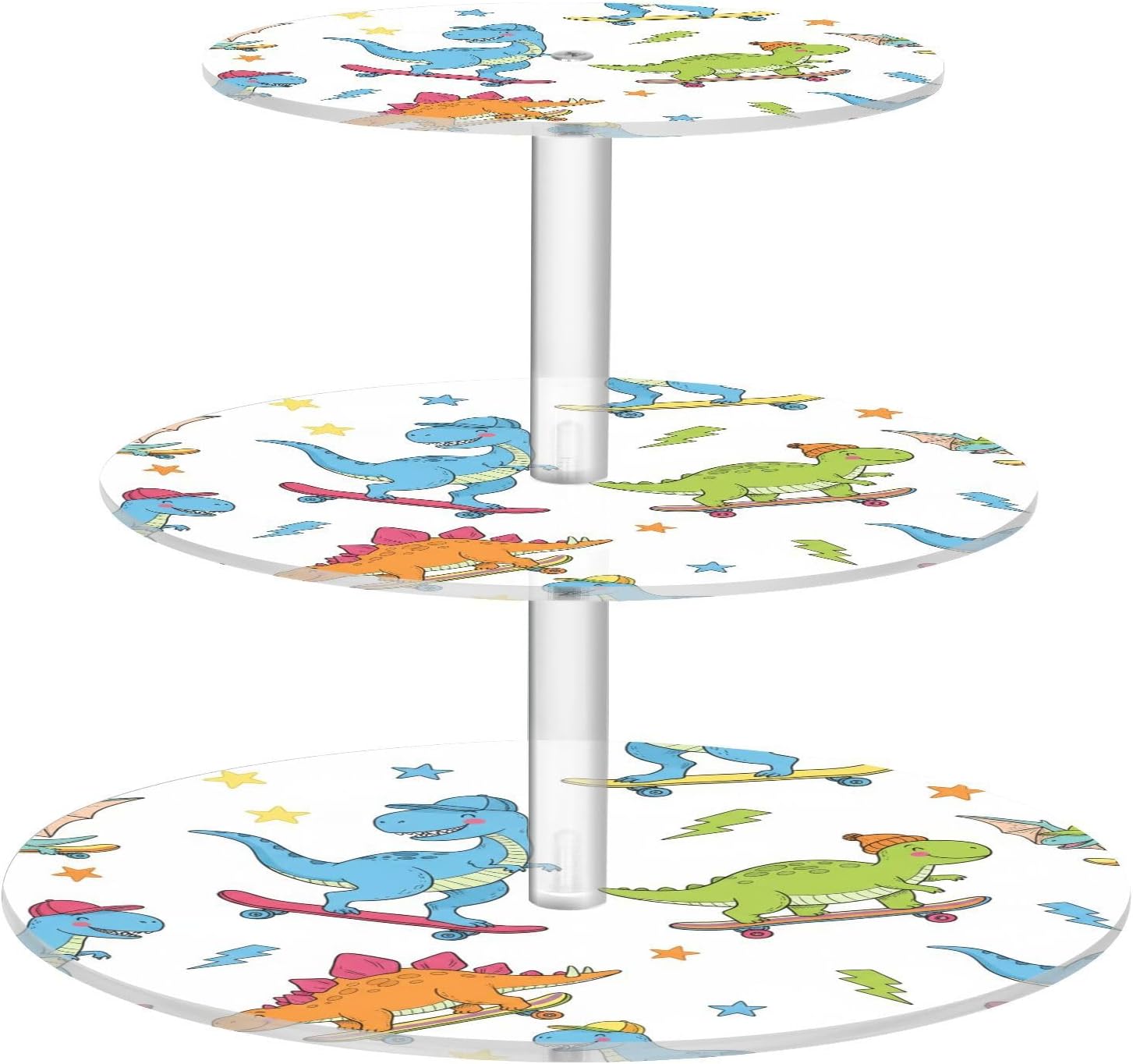 J JOYSAY Fun Dinosaurs White Skateboards Pattern Acrylic Cupcake Stand 3 Tier Dessert Table Display Set Clear Cake Stands for Wedding Baby Shower Party Decorations Easy Assembly Macaron Tower