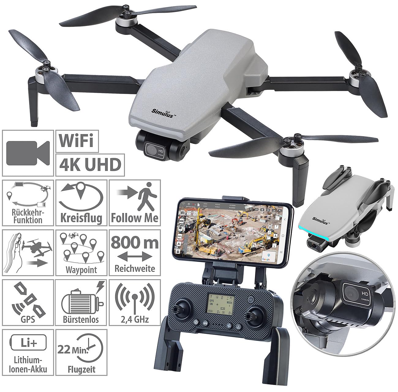 Simulus Drone GPS pieghevole GH-290.fpv con videocamera 4K, gimbal a 2 assi, motore brushless e Wi‑Fi