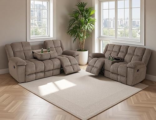 Miniatura 35 de Juego de sofá reclinable de pana, sofá reclinable manual con portavasos/mesa auxiliar, cómodos sofás reclinables de tela, juegos de muebles de sala