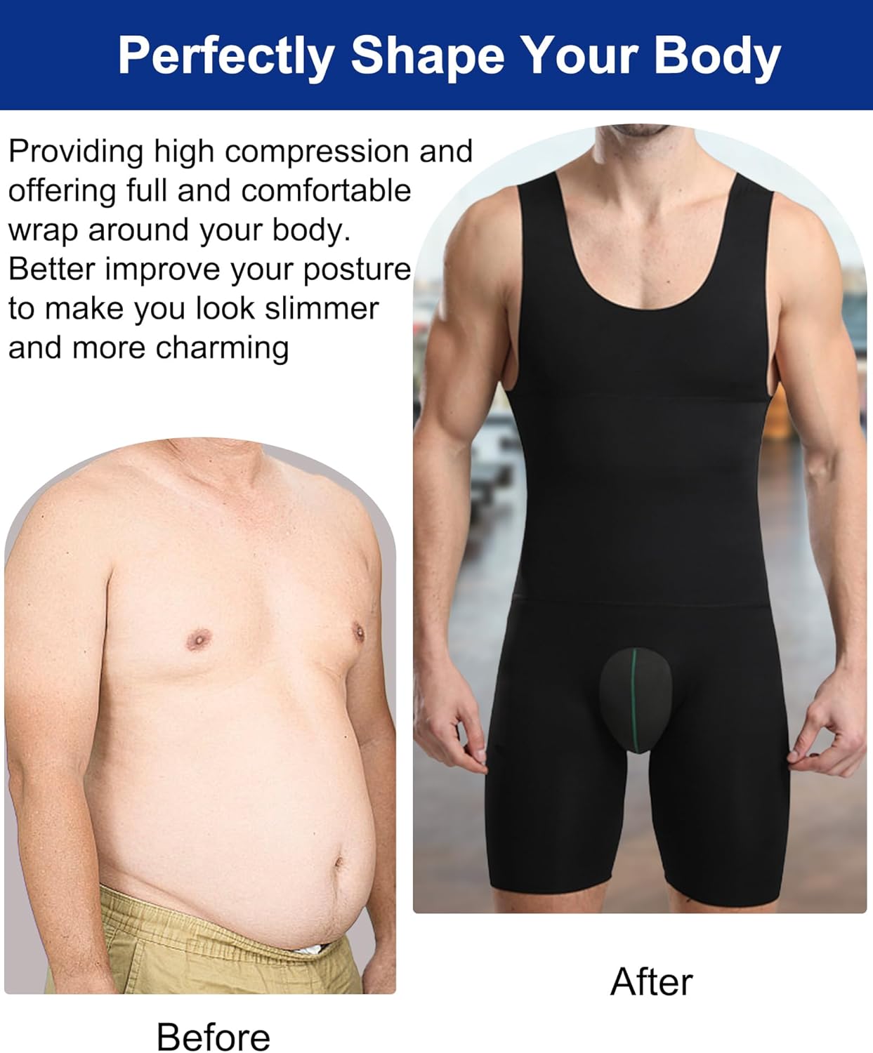 Mens Full Body Shaper Tummy Control Compression Shapewear Hip Lift Underwear Sleeveless Slimming Bodysuit - Image 5