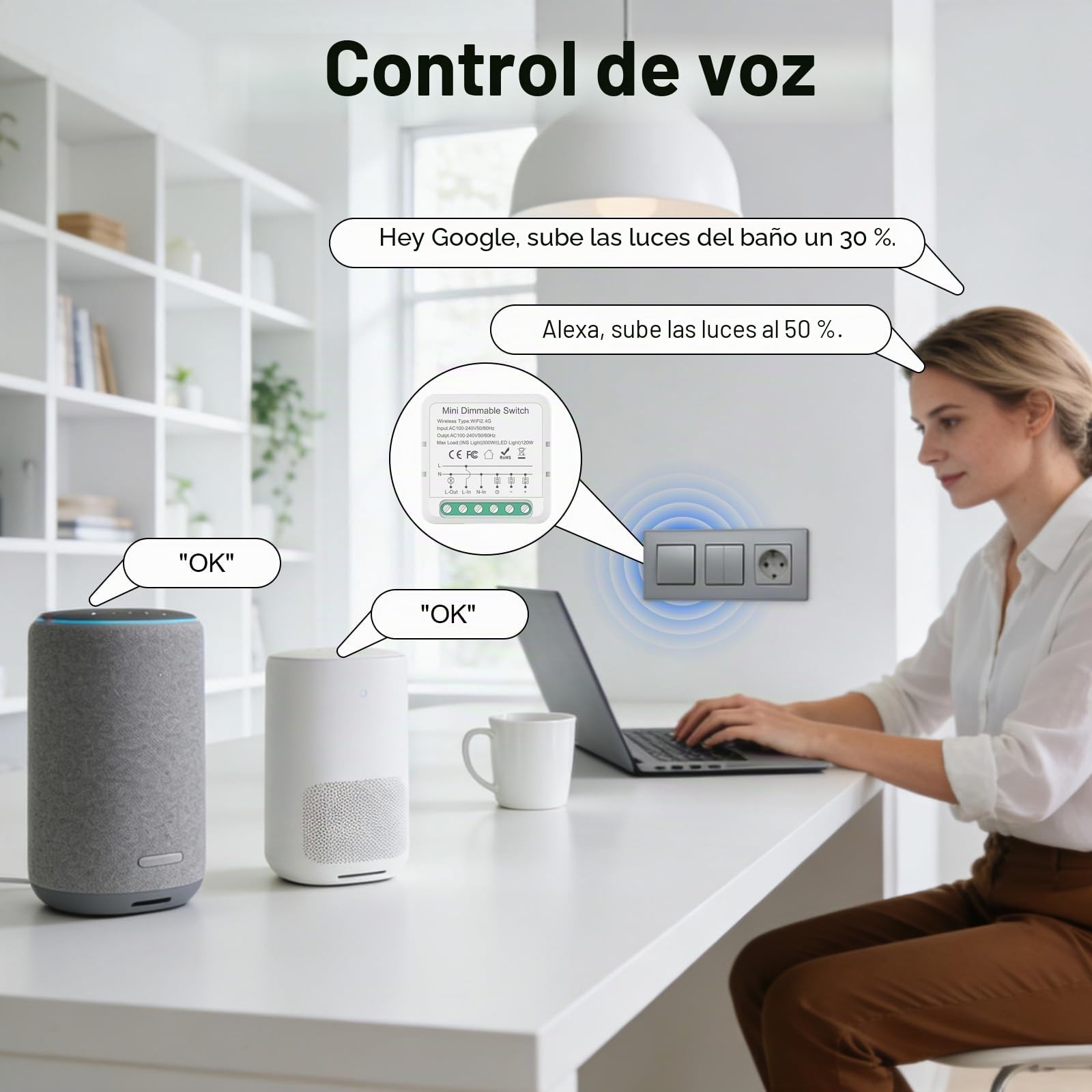Regulador de luz dimmer led, Regulador intensidad luz led Wlan 2.4G, Re gulador para l ed, Compatible con Alexa, Tuya,Smart life,Google Home, regula intensidad, Control por voz/Tiempo