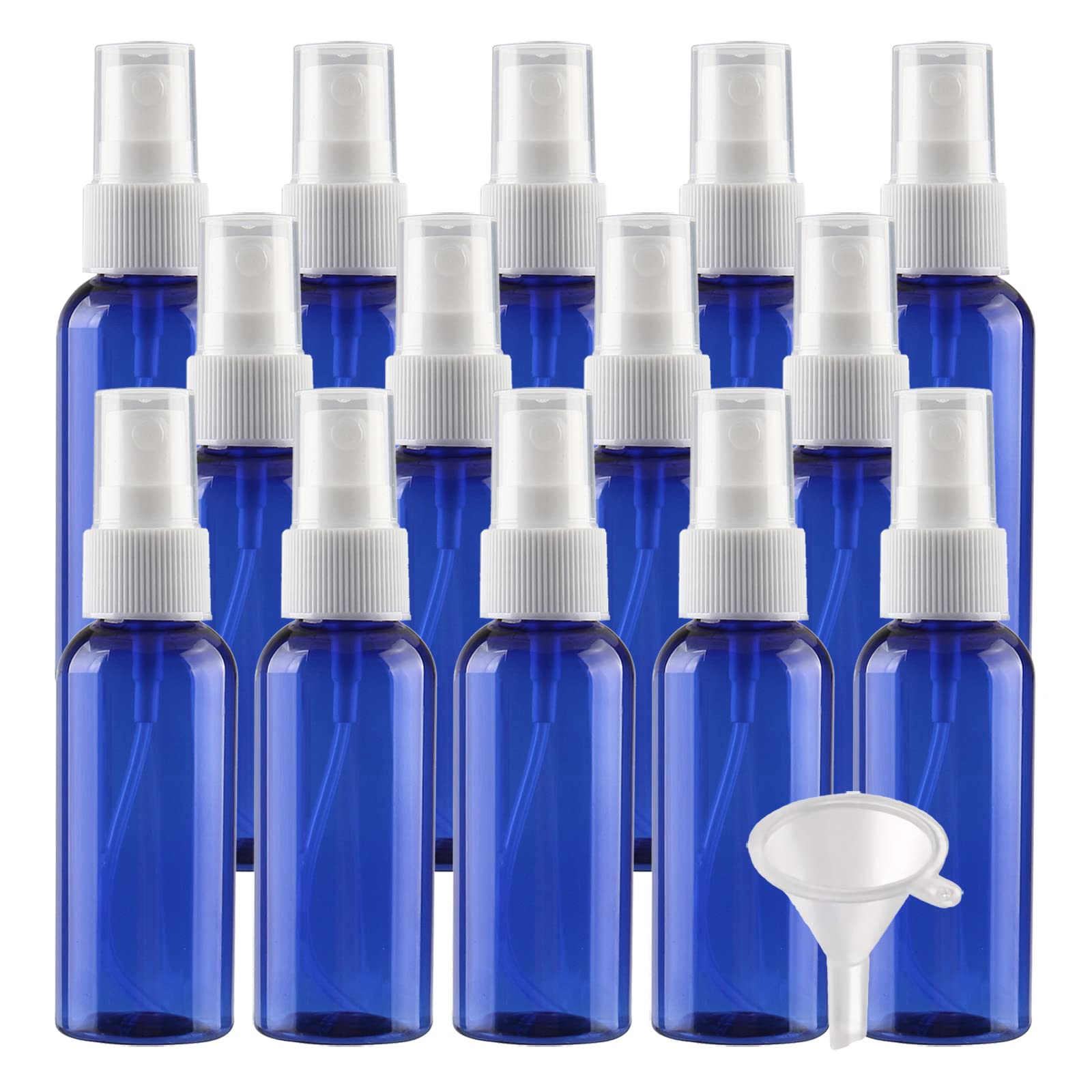 100 Stück Leer Klein 50ml Blau Plastik PET Sprühflasche Reise Zerstäuber mit Weiß Sprühkopf Nebel Reiseflaschen Parfümzerstäuber für Kosmetik Parfüm mit 4X Trichter