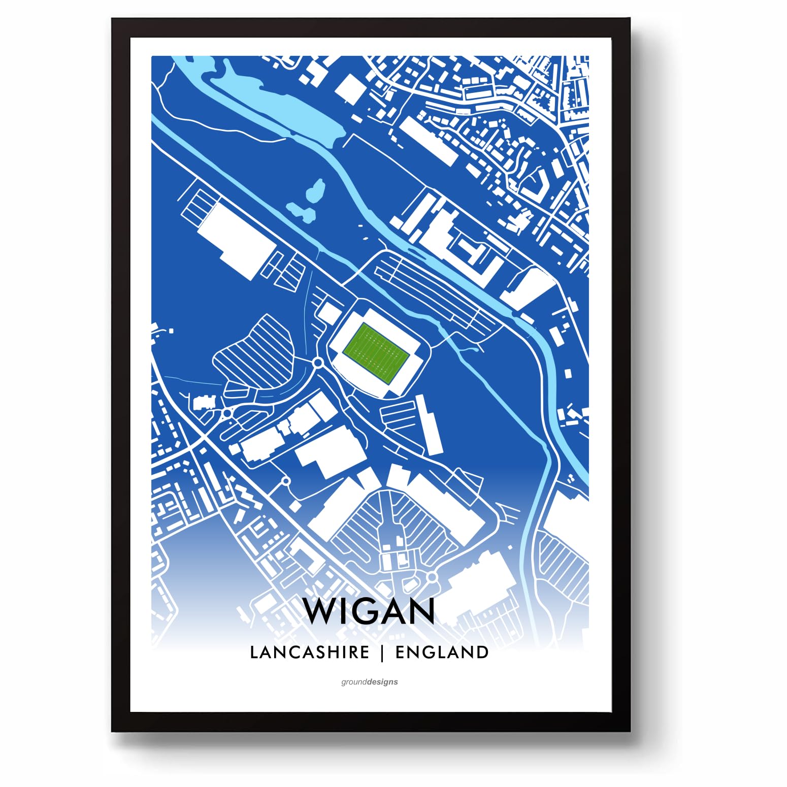 Grounddesigns Men's Blue And White Wigan Athletic Football Gift Brick Community Stadium Art Map Unframed A3 Print Wafc