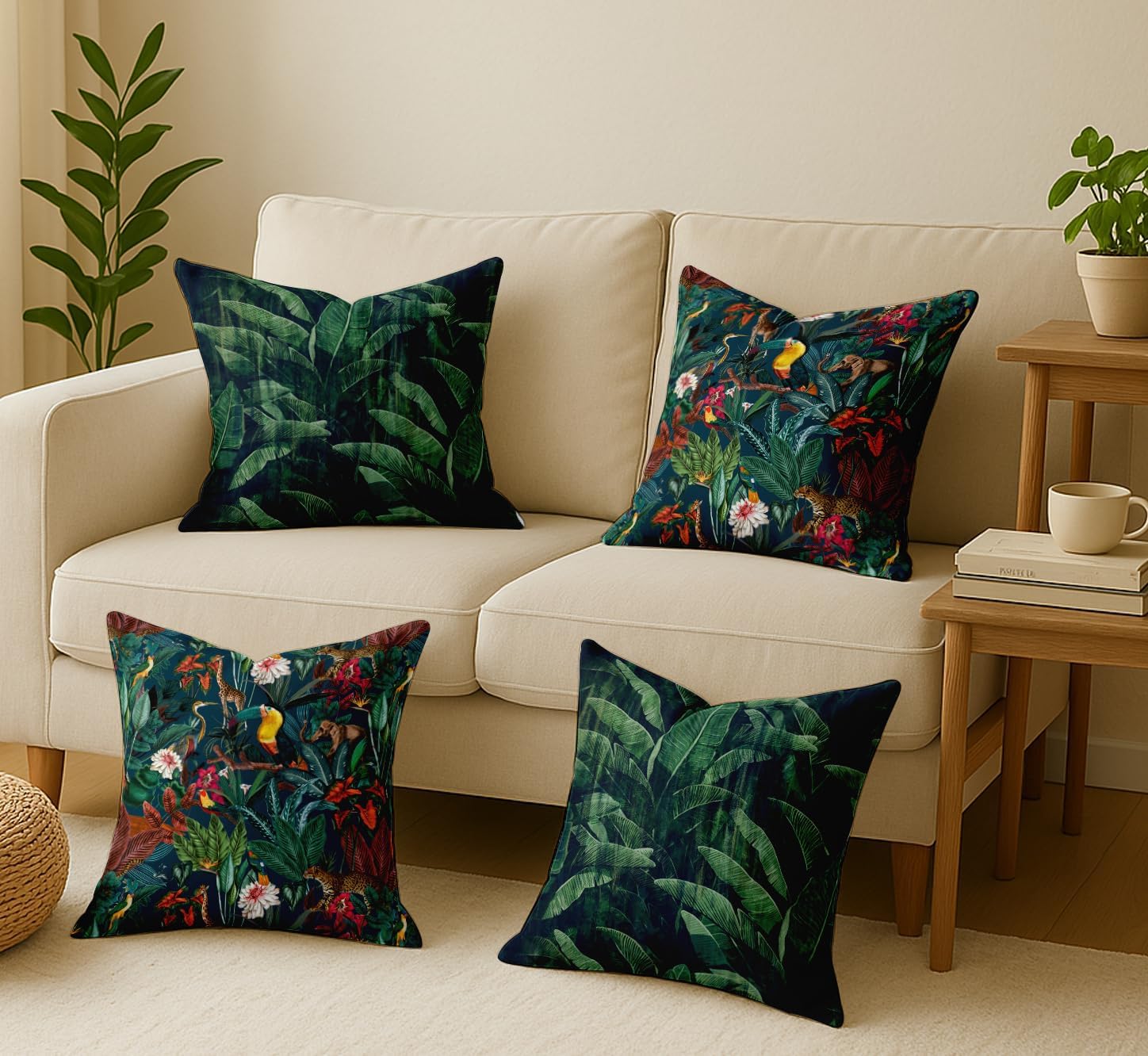 Set of 4 16x16 Inch Pillow Covers - 100% Cotton, Decorative Tropical Print, Double-Sided Print with Concealed Zipper - Filler Not Included - Black