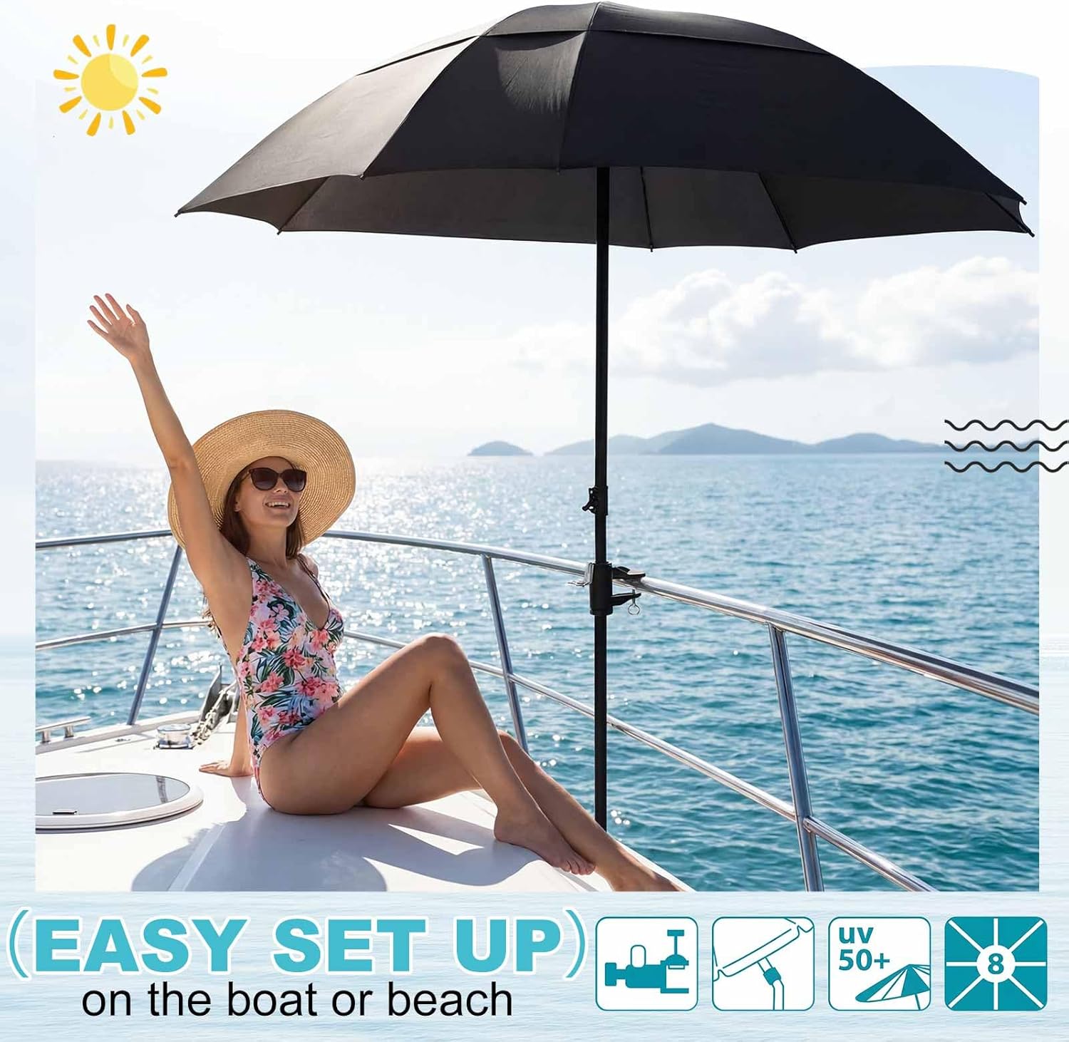 Umbrella Boat Shade with Stand Clamp Ropes 53 Inch Standing Canopy 360°adjustable Portable Deck Rail Mounted Umbrella for Boat Kayak Outdoor Beach Sunshade Fishing, Black