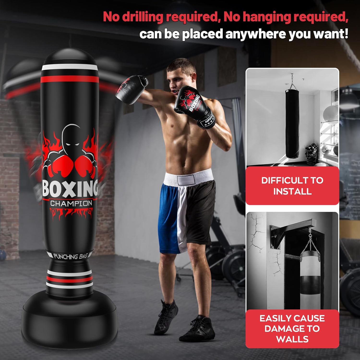 Image showing the freestanding punching bag in a room, with an inset comparing it to a hanging bag that requires drilling and can damage walls.