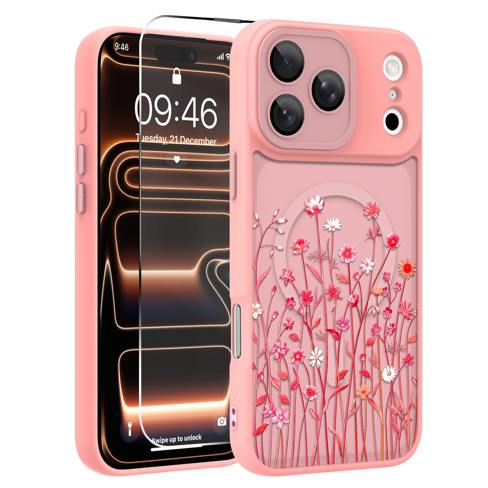 OOK Funda magnética para iPhone 17 Pro Max (6.9 pulgadas) con protector de pantalla, diseño de flores silvestres rosas para mujeres y niñas, [compatible con MagSafe] funda delgada, translúcida mate