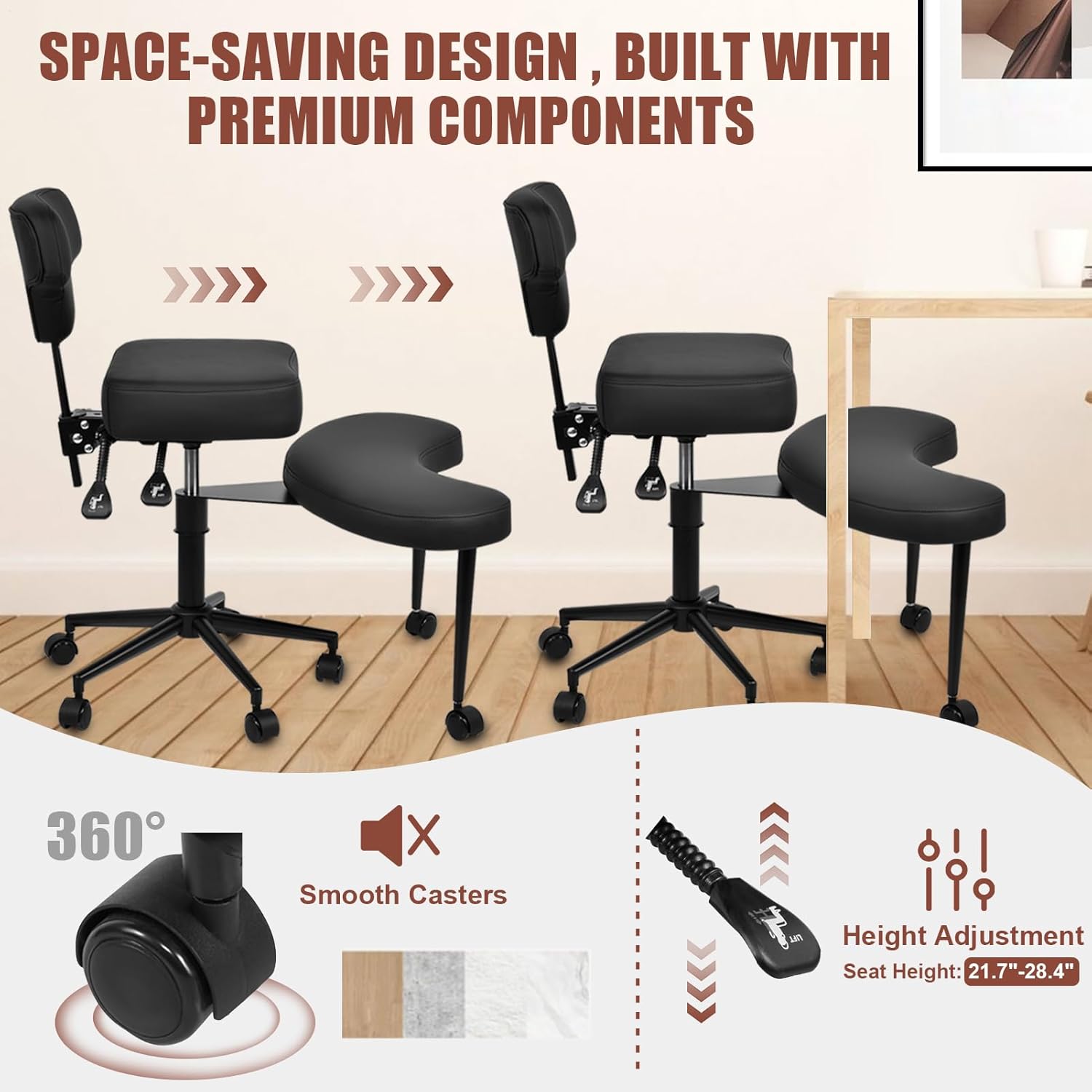New Upgraded Meditation Chair, ADHD Chair for Adults, Cross Legged Office Chairs with Wheels, Ergonomic Reclining Backrest & Adjustable Height Ideal for Fidgety Sitters - Black