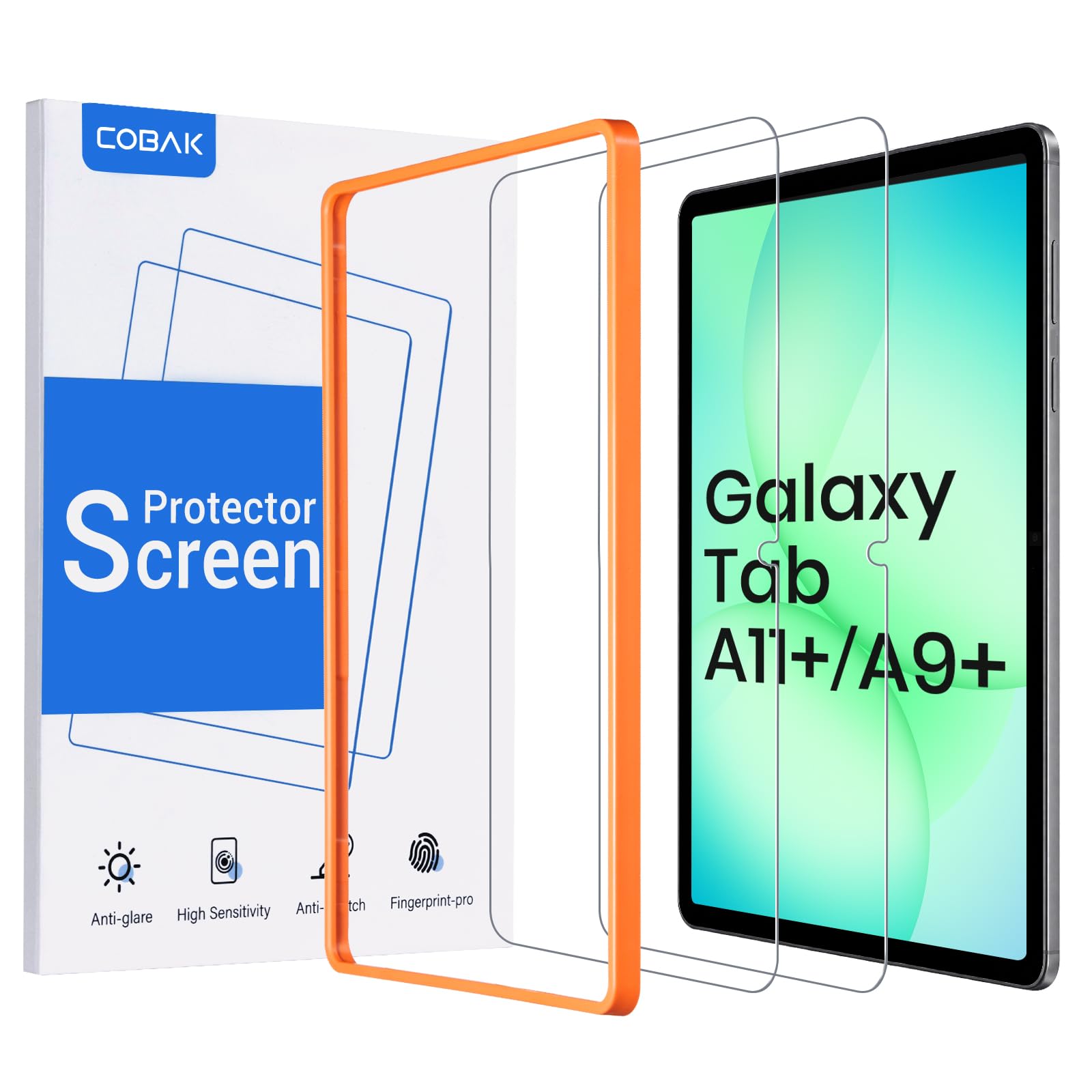 CoBak 2-Pack Tempered Glass Screen Protector for Samsung Galaxy Tab A11 Plus (A11+) 2025 / Tab A9 Plus (A9+) 2023 11-inch, Installation Frame, 9H Hardness, Anti-Scratch