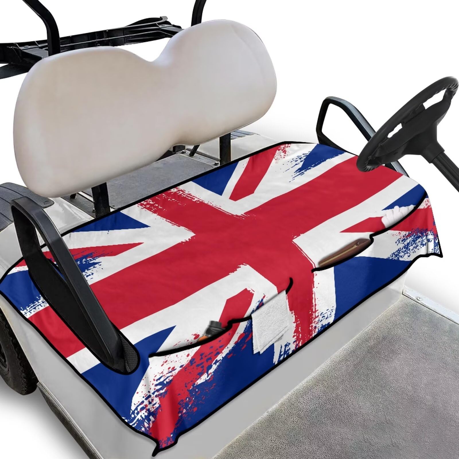 Biyejit Union Jack Golf Buggy Seat Cover with Storage Bags Anti-Hot Golf Cart Seat Blanket Travel Sport Essential for 2-Person Seats Club Car Machine Washable