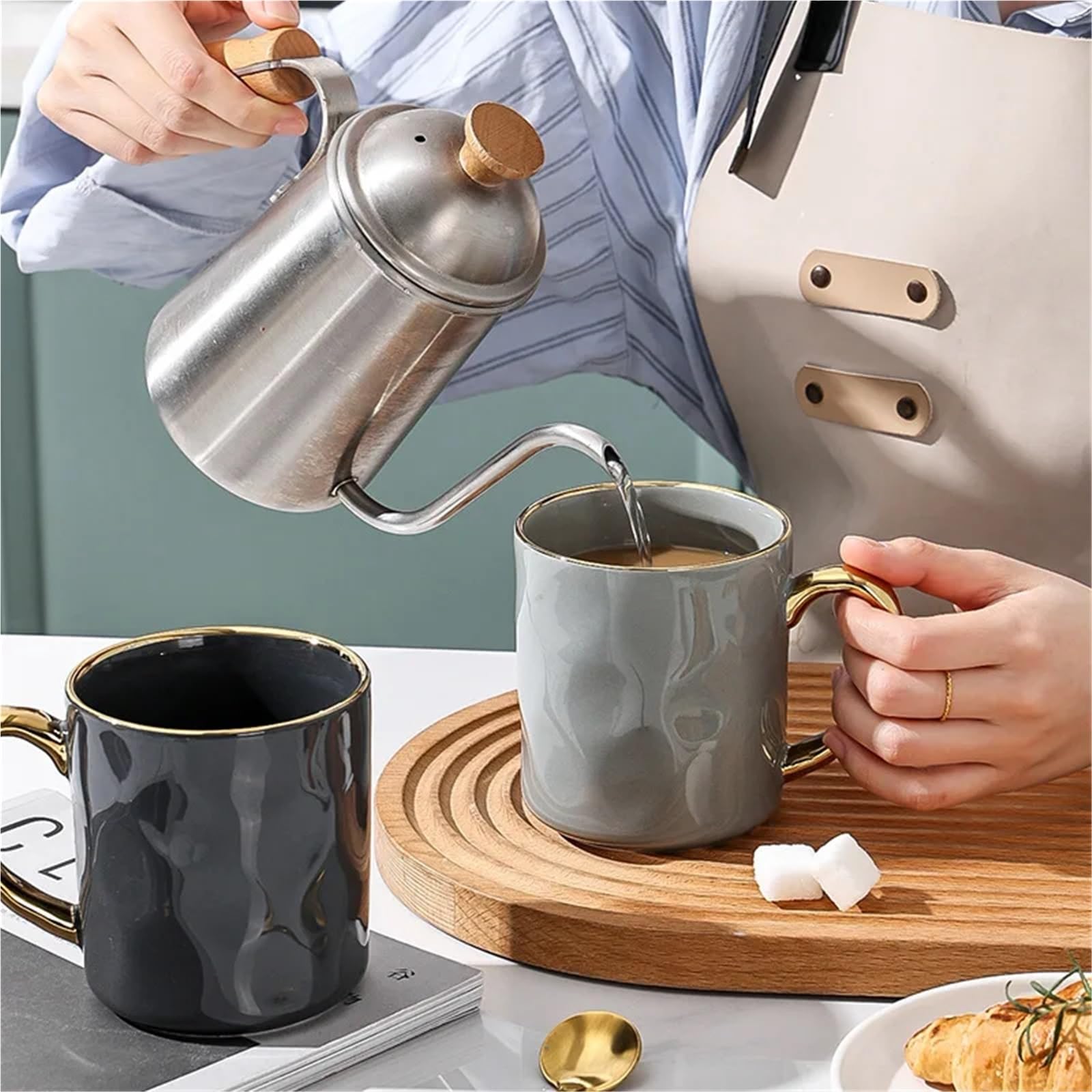 Taza con borde dorado y asa, tazas de café de cerámica, taza de té, leche, jugo, agua, regalo for pareja en casa, 2 uds. Para Boda(Light-grey)