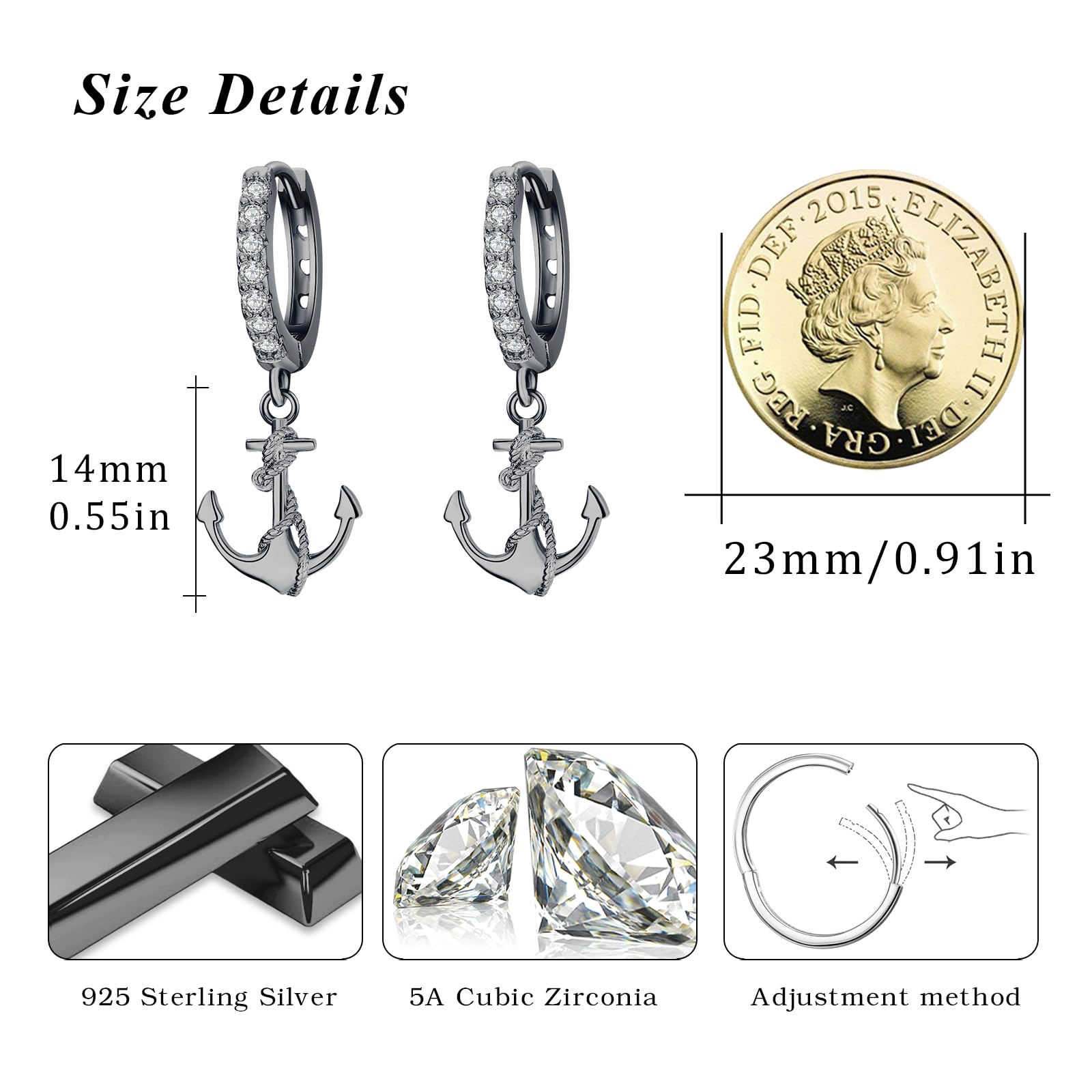 REDSUN Anker Creolen Ohrringe 925 Sterling Silber Minimalistische Huggie Schwarz Ohrhänger Damen Mädchen Unisex Anker Anhänger Hypoallergen Geschenk für Freundin Mutter Tochter Geburtstag