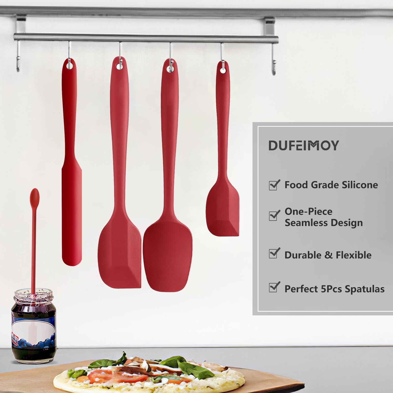 Juego de 5 espátulas de silicona rojas, resistentes al calor, juego de espátulas de cocina, aptas para lavavajillas, utensilios de cocina antiadherentes, para hornear y cocinar