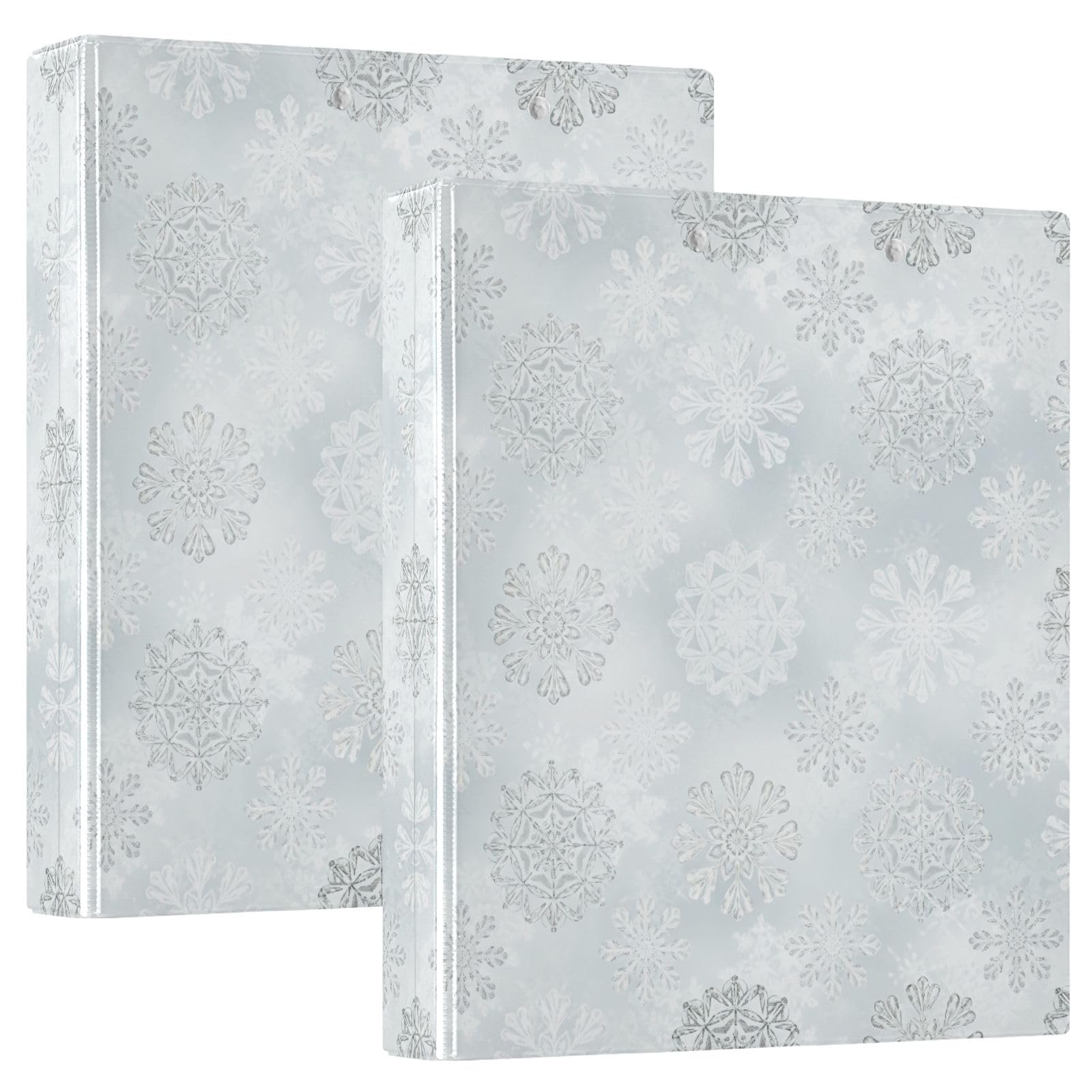 Carpeta de 3 anillos, carpeta de anillos en D de copos de nieve blancos y plateados, paquete de 2 | Con portapapeles y bolsillos, para escuela, universidad, oficina