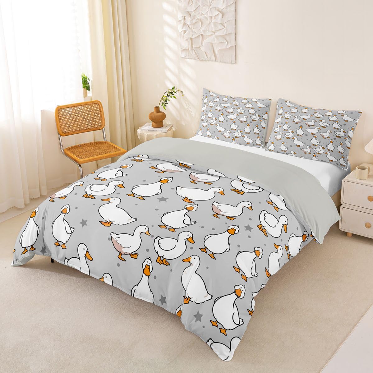 Loussiesd Juego de funda de edredón de pato Kawaii tamaño doble, para niños y niñas, juego de ropa de cama de pato divertido, transpirable, suave, regalo para amantes de las mascotas, colcha de 3
