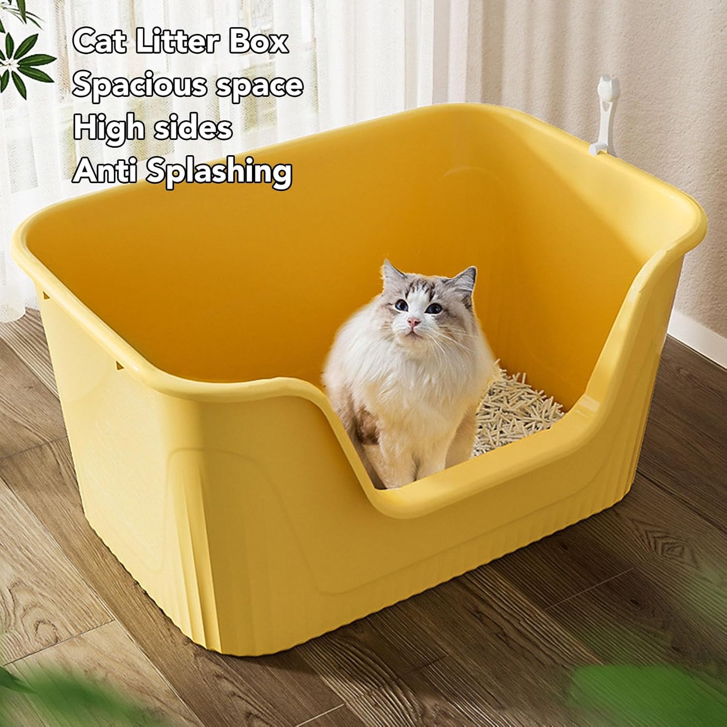 Large Cat Litter Box, Open Kitty Litter Pan Groove Design Sturdy Easy to Clean High Sides for Home (Yellow)