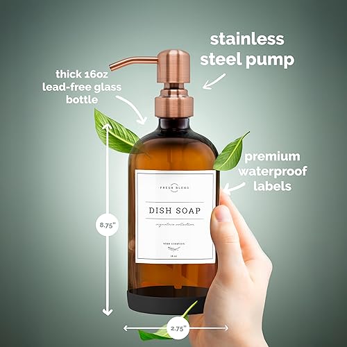 Miniatura 5 de Dispensador de jabón de vidrio ámbar de Vine Creations, juego de 2 dispensadores de jabón de cocina con bomba de acero inoxidable, dispensadores de