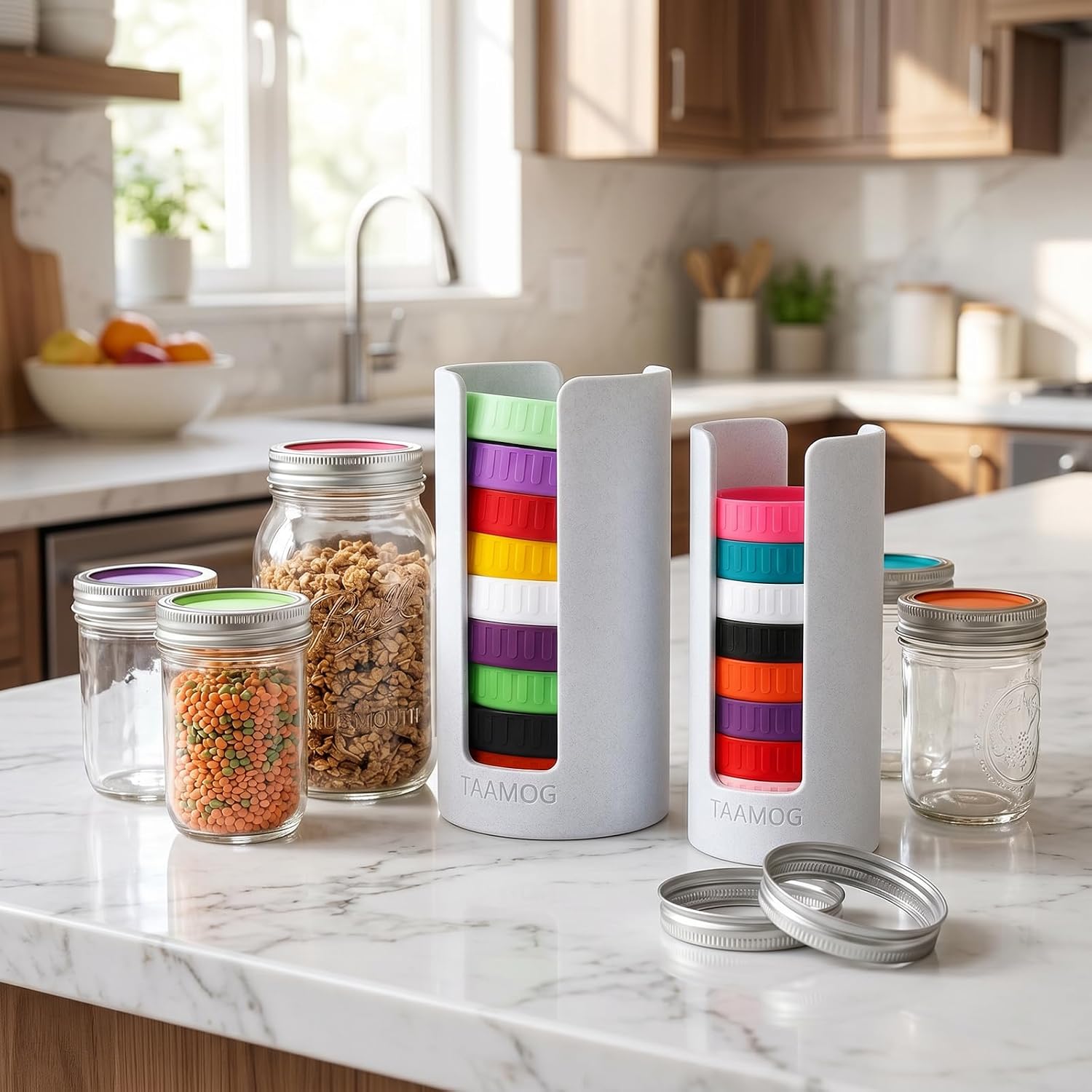 2PCS Mason Jar Lid Organizer & Holder, Suitable for Mason Wide & Regular Mouth Canning Bamboo Lids Storage, Stackable Steady， Easy to Use - Marble White