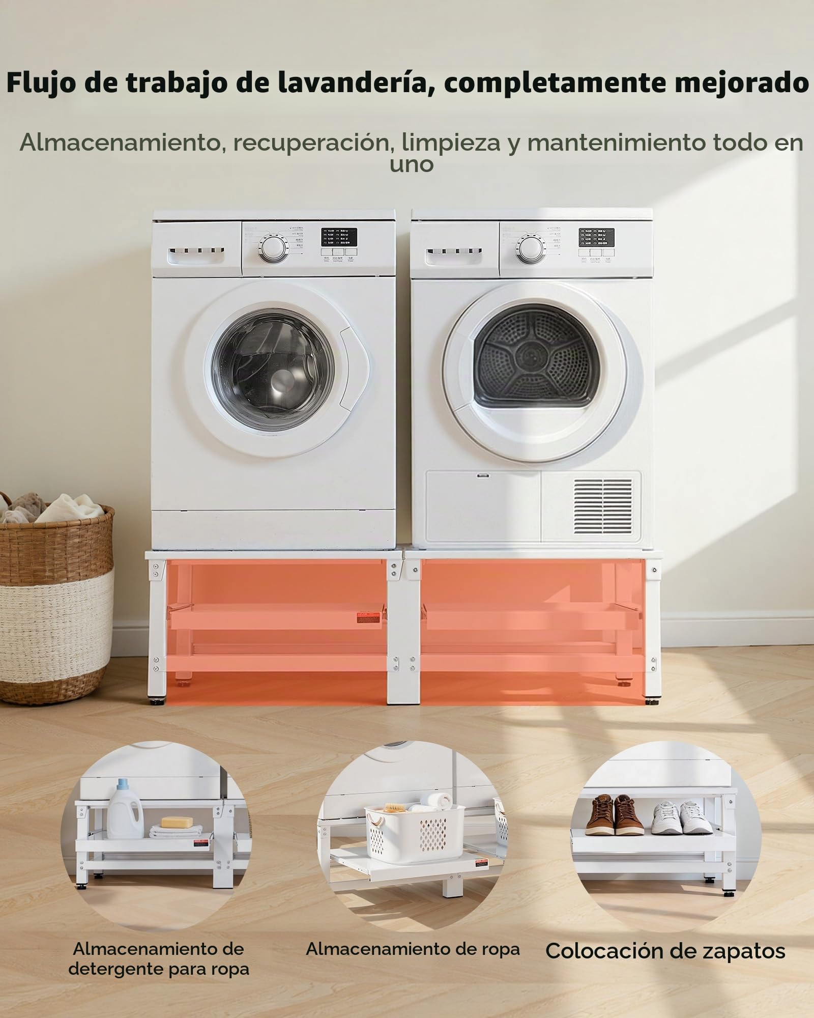 VEVOR Soporte para Lavadora Alto de 370 mm, Base de Lavadora de Acero Resistente, Capacidad de Carga de 318 kg, Pedestal Universal para Secadora con Bandeja Extraíble, Patas Antideslizantes, 2 Piezas