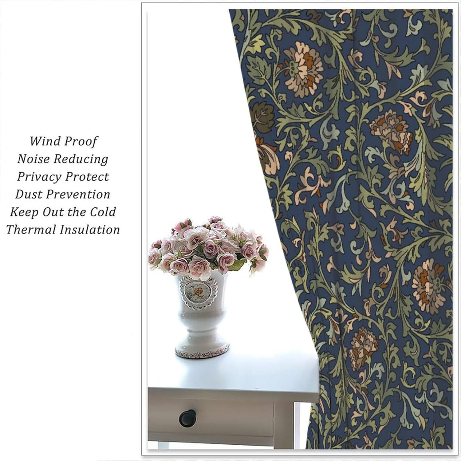 William Morris Curtain, Vintage Green Rustic Botanical Plant Pattern Blackout Window Treatments, Rod Pocket Thermal Insulated Drapes 2 Panel Sets for Bedroom Living Room Kitchen, 42" W X 45" L