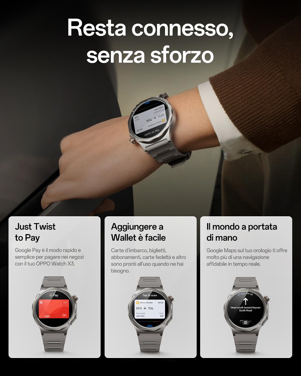 OPPO Watch X3 Smartwatch, Lega Titanio Ultra-Leggera, Batteria Doppio Chip 16 Giorni, AMOLED 1,5" 3000 Nits, ECG e Check Salute 60s, 100+ Sport, 5ATM IP69, Google Gemini, Misty Titanium