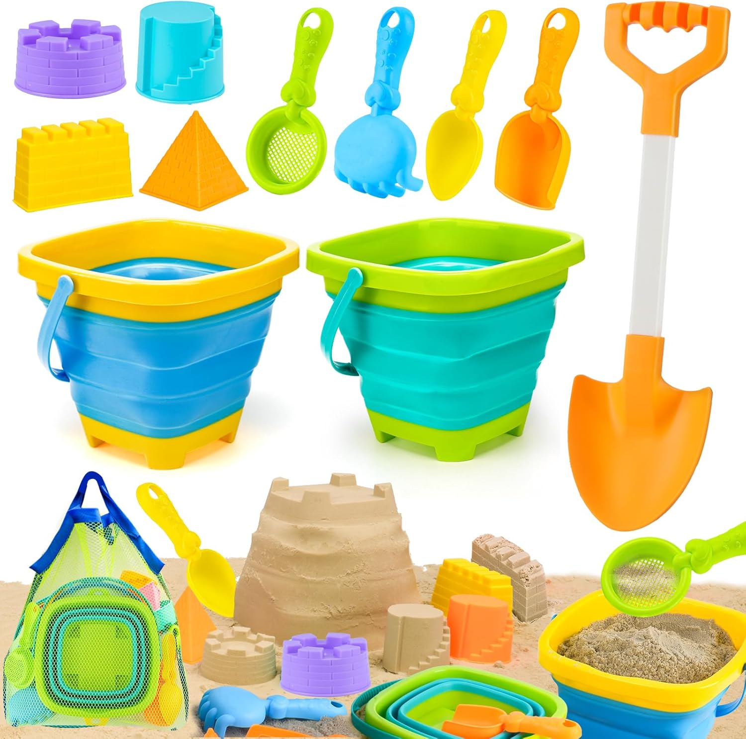 AuntyFey Collapsible Beach Toys for Kids Ages 4-8, Sand Toys for Toddlers Ages 3-4-8, Beach Toy Set with Collapsible Beach Buckets, Sandbox Toy for Kids with Castle Sand Mold and Large Shovels