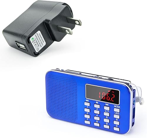 Mini radio portátil y su adaptador dedicado