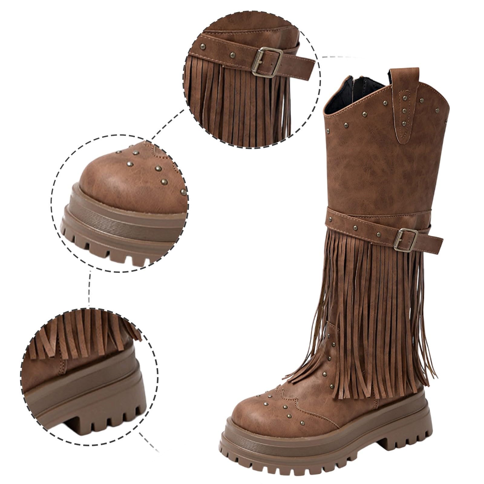 Botas de Invierno Mujer Botas Altas hasta la Rodilla de Moda con Detalle Flecos y Suela Plataforma, cómodas otoño e Invierno con Cremallera Lateral.