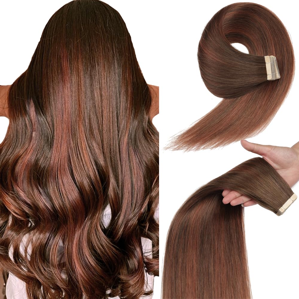 YDDM Tape in Hair Extensions, 20pcs 20 Inch Chocolate Brown Mixed Dark Auburn Straight 100% Remy Human Hair Seamless Invisible Remy Tape in Hair