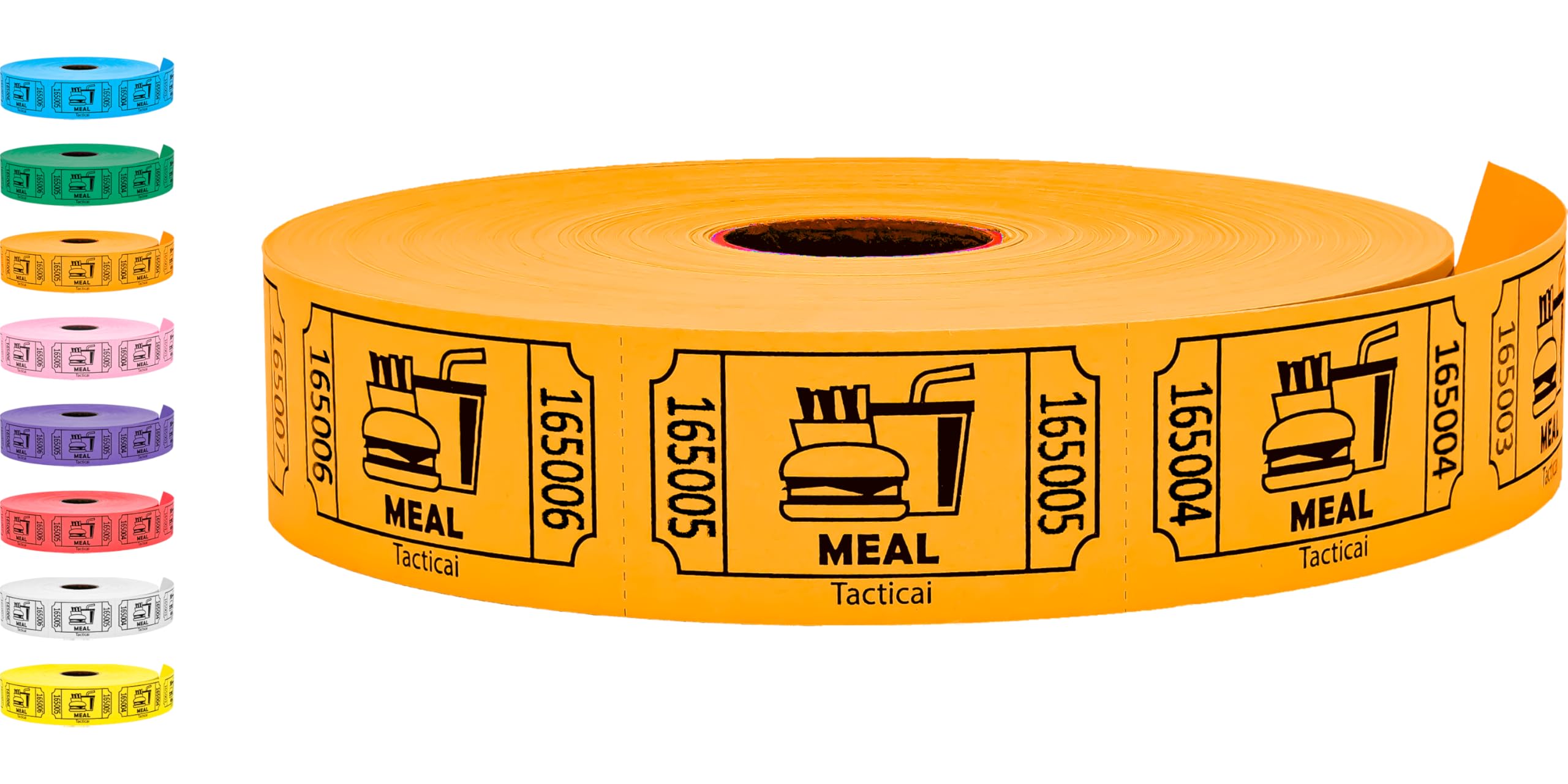 Tacticai 1000 Raffle Tickets, Meal, Orange (1 of 8 Colors), Single Roll, Ticket for Events, Food, Class Reward, Fundraiser & Prizes — image 1