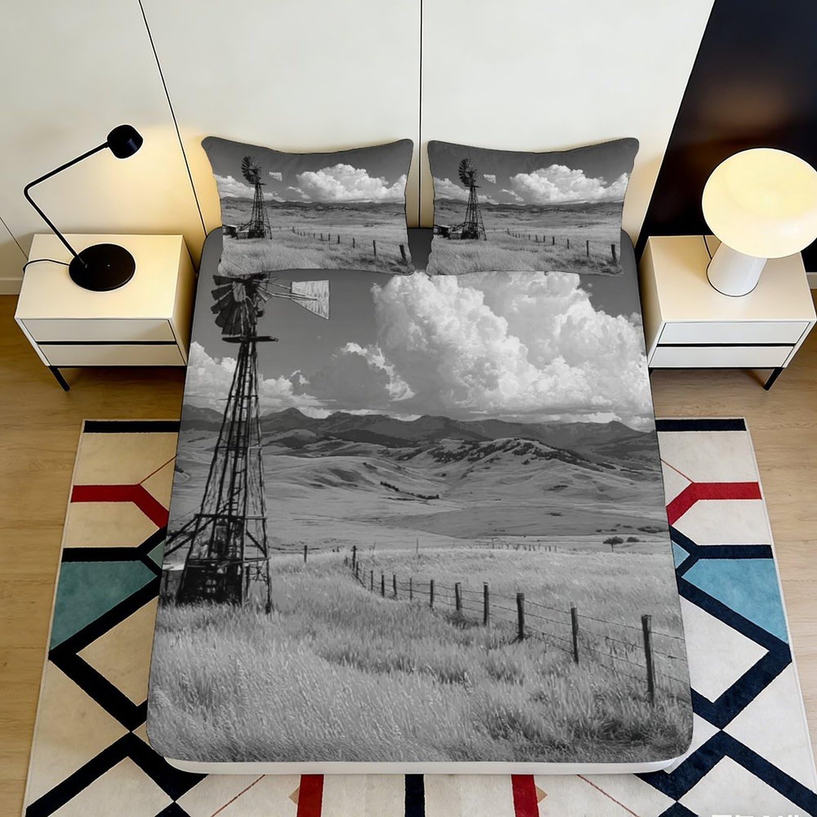 3D Printed Countryside Windmill Fitted Sheet Microfiber Soft Black White Landscape Mattress Cover Bedroom Decor 90x200x25cm